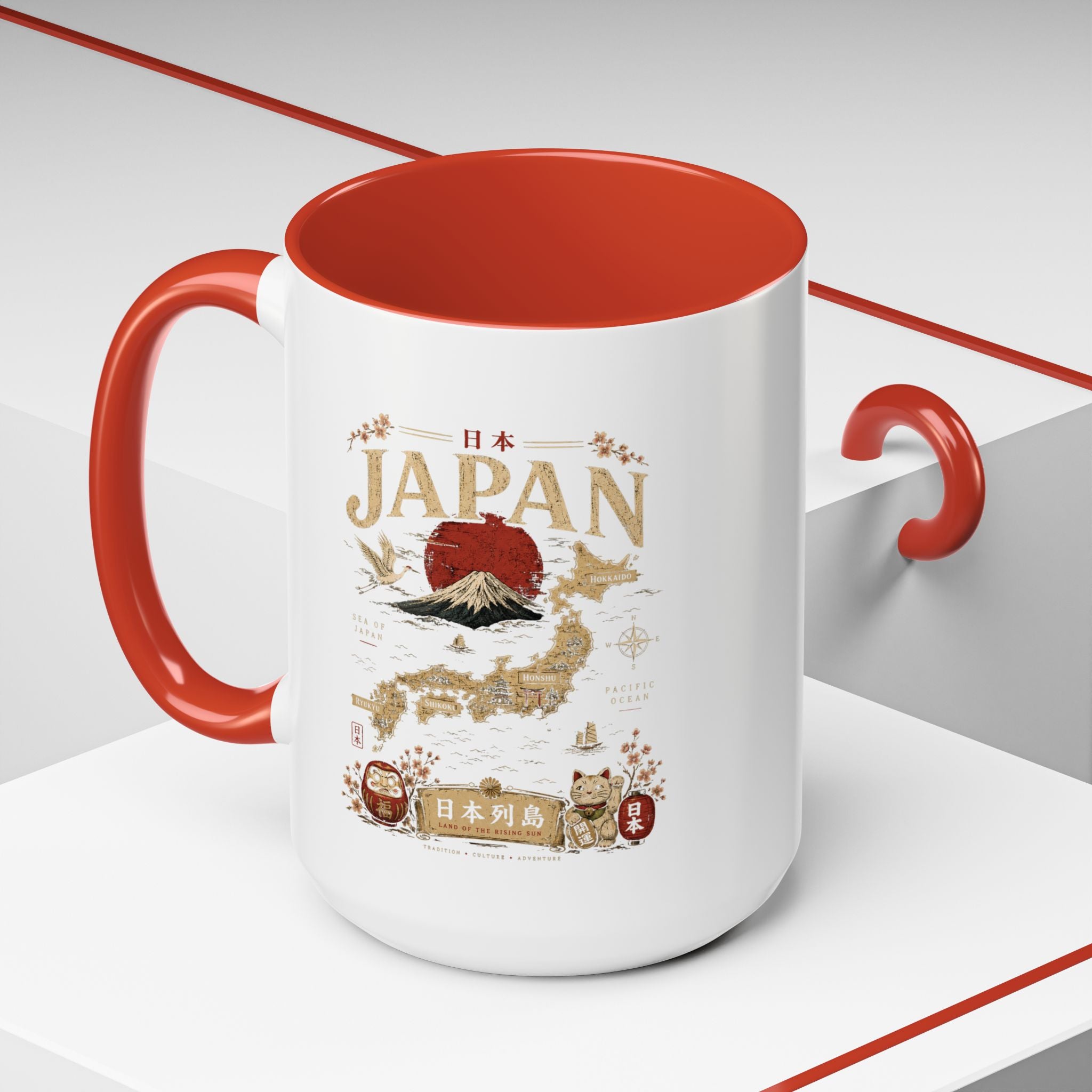 Japan Travel Map Coffee Mug — Mount Fuji Red Sun Accent Mug (11/15 oz)