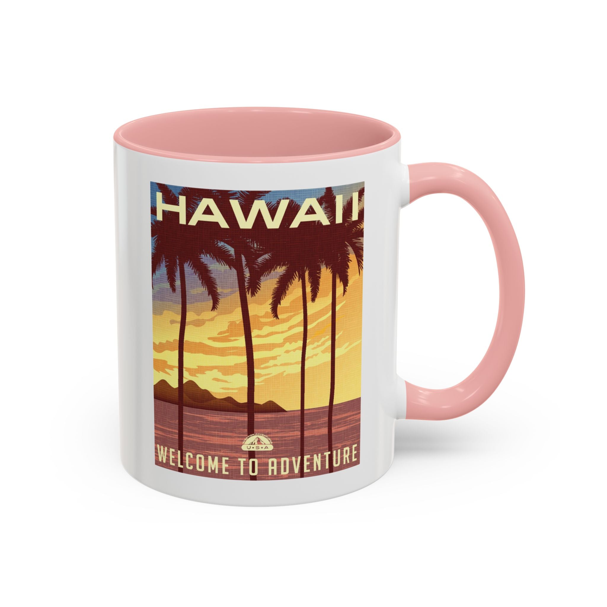 Hawaii Sunset Coffee Mug — "Welcome to Adventure" Tropical Travel Accent Mug