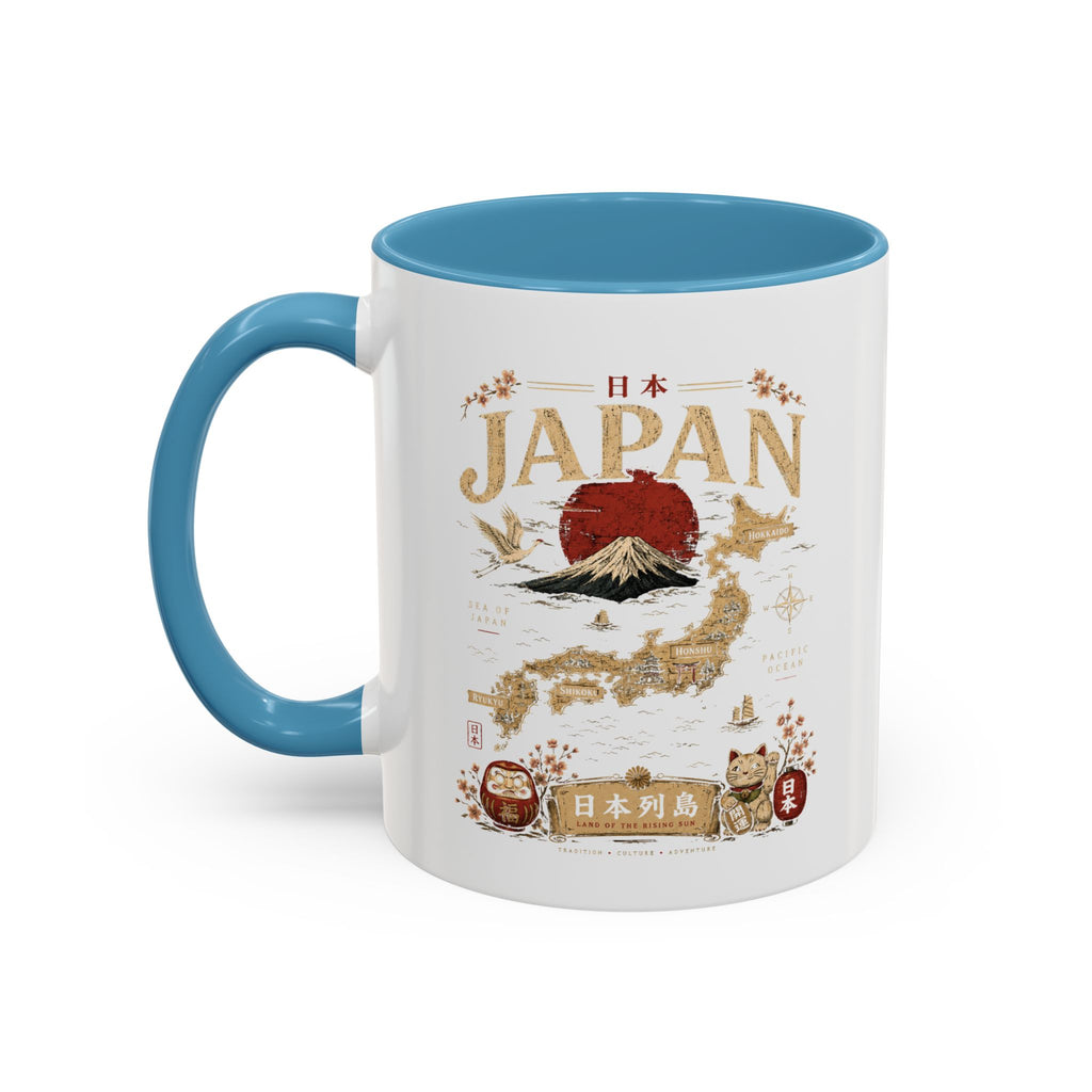 Japan Travel Map Coffee Mug — Mount Fuji Red Sun Accent Mug (11/15 oz)