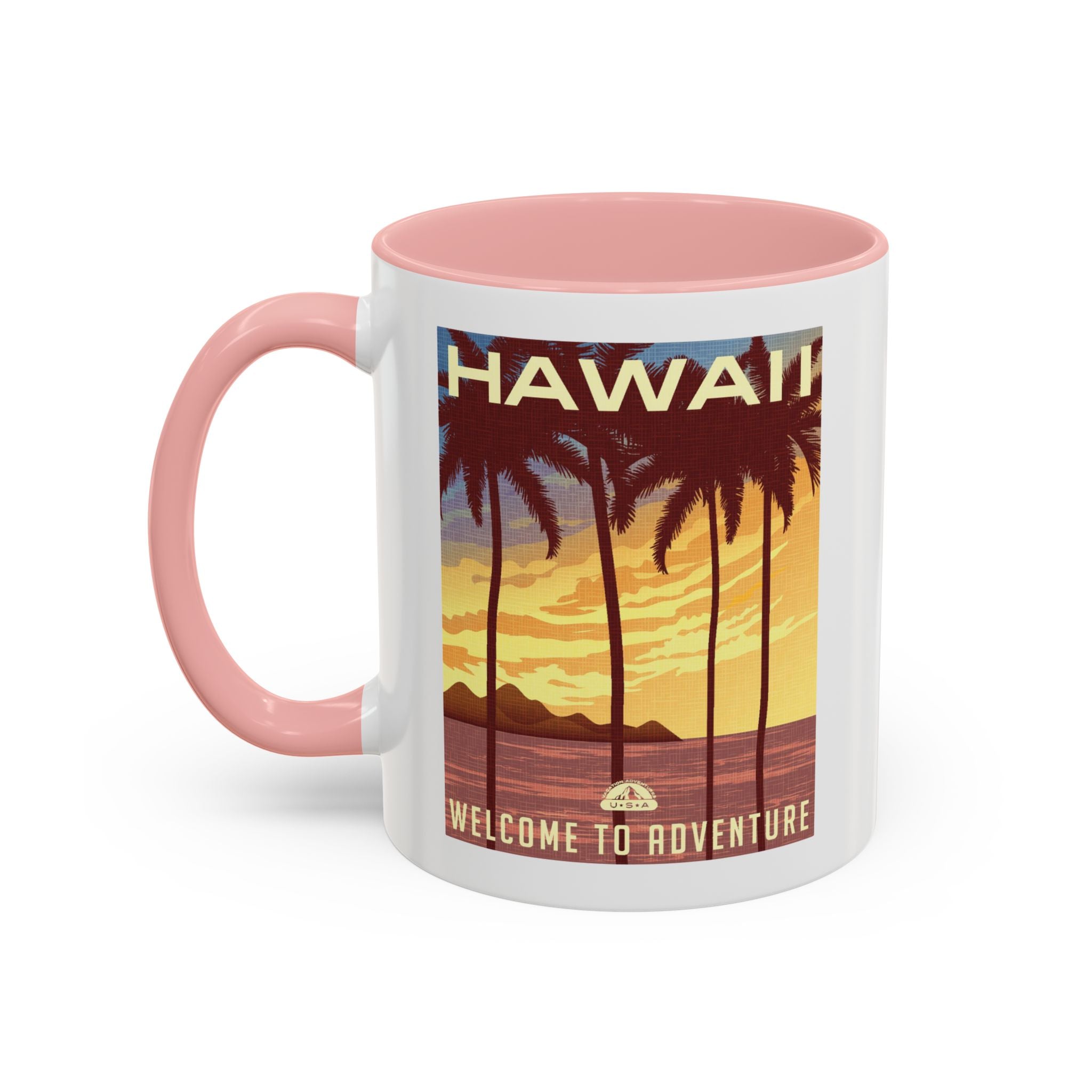 Hawaii Sunset Coffee Mug — "Welcome to Adventure" Tropical Travel Accent Mug