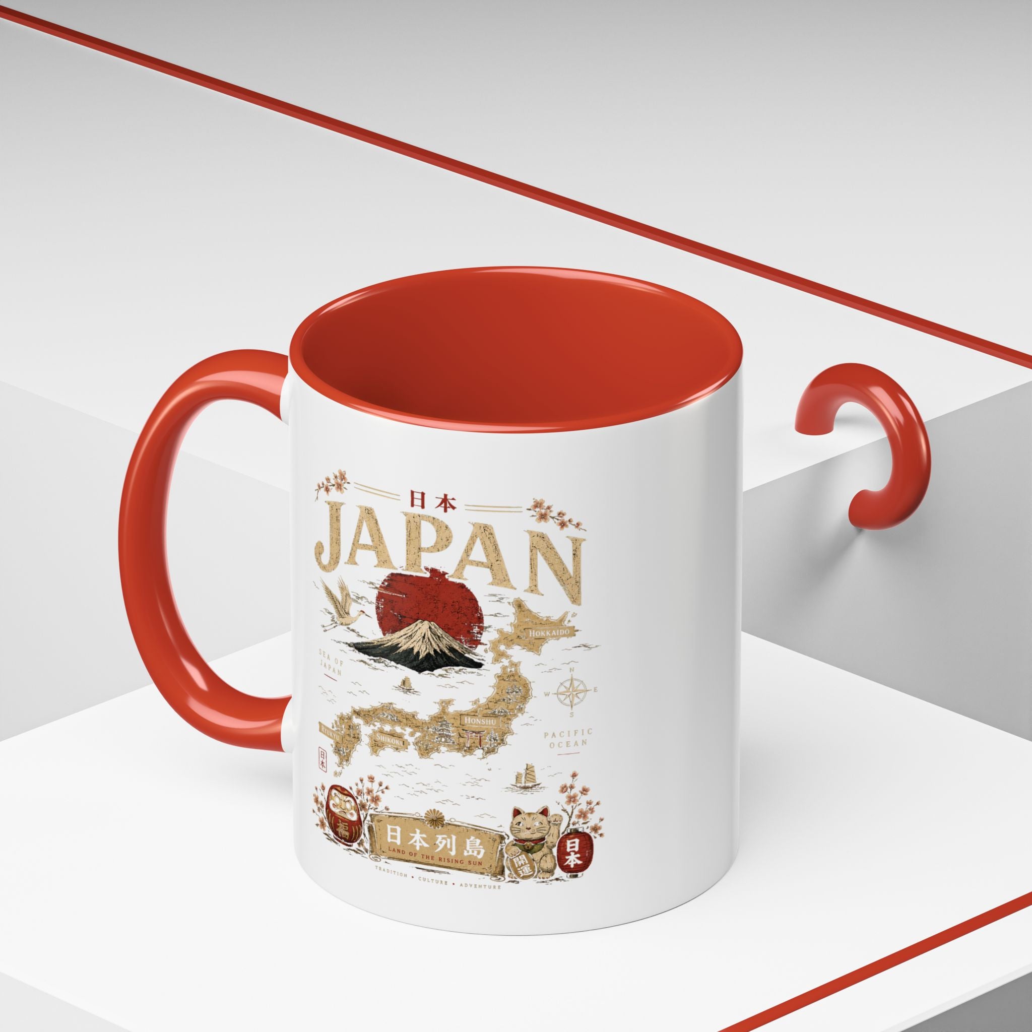 Japan Travel Map Coffee Mug — Mount Fuji Red Sun Accent Mug (11/15 oz)