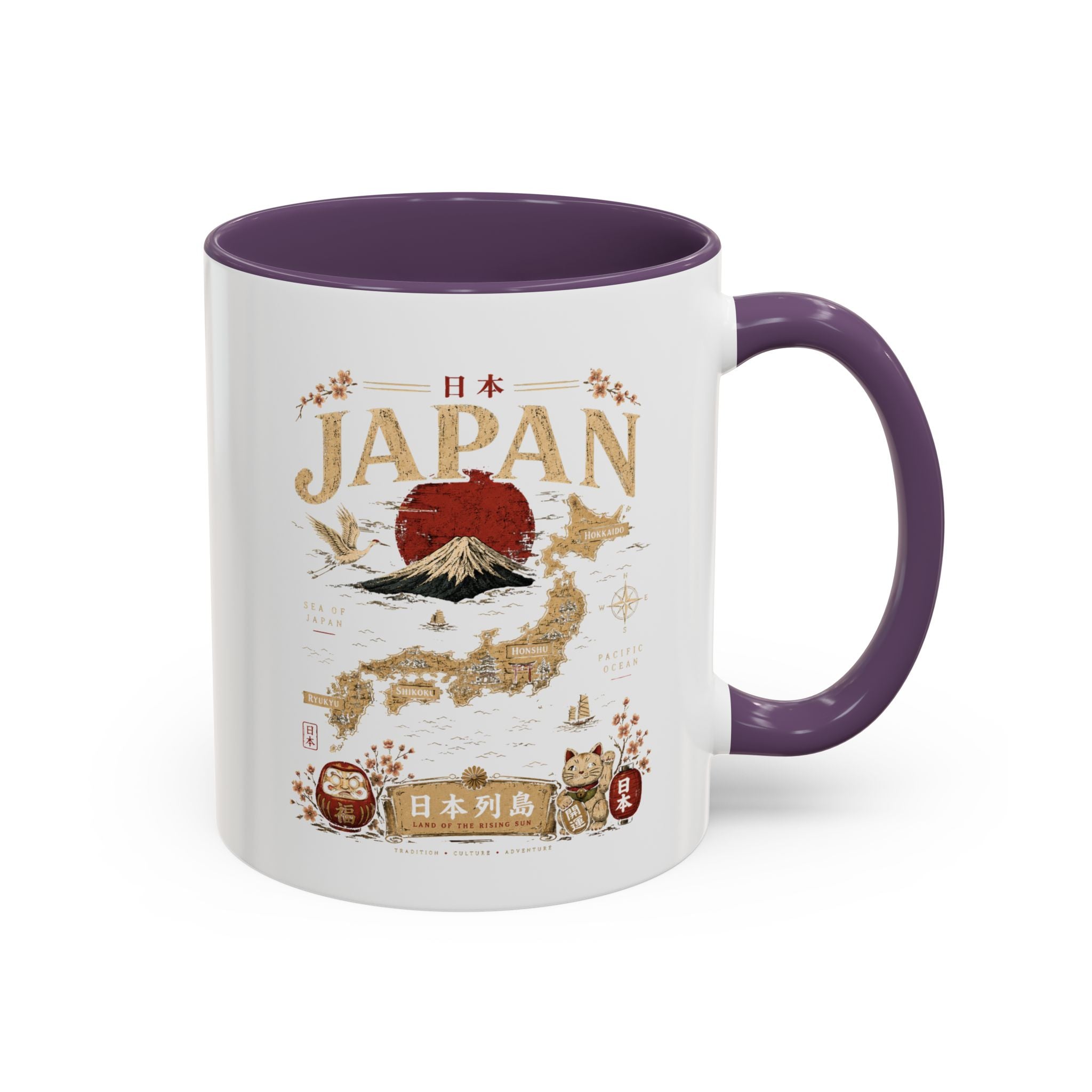Japan Travel Map Coffee Mug — Mount Fuji Red Sun Accent Mug (11/15 oz)