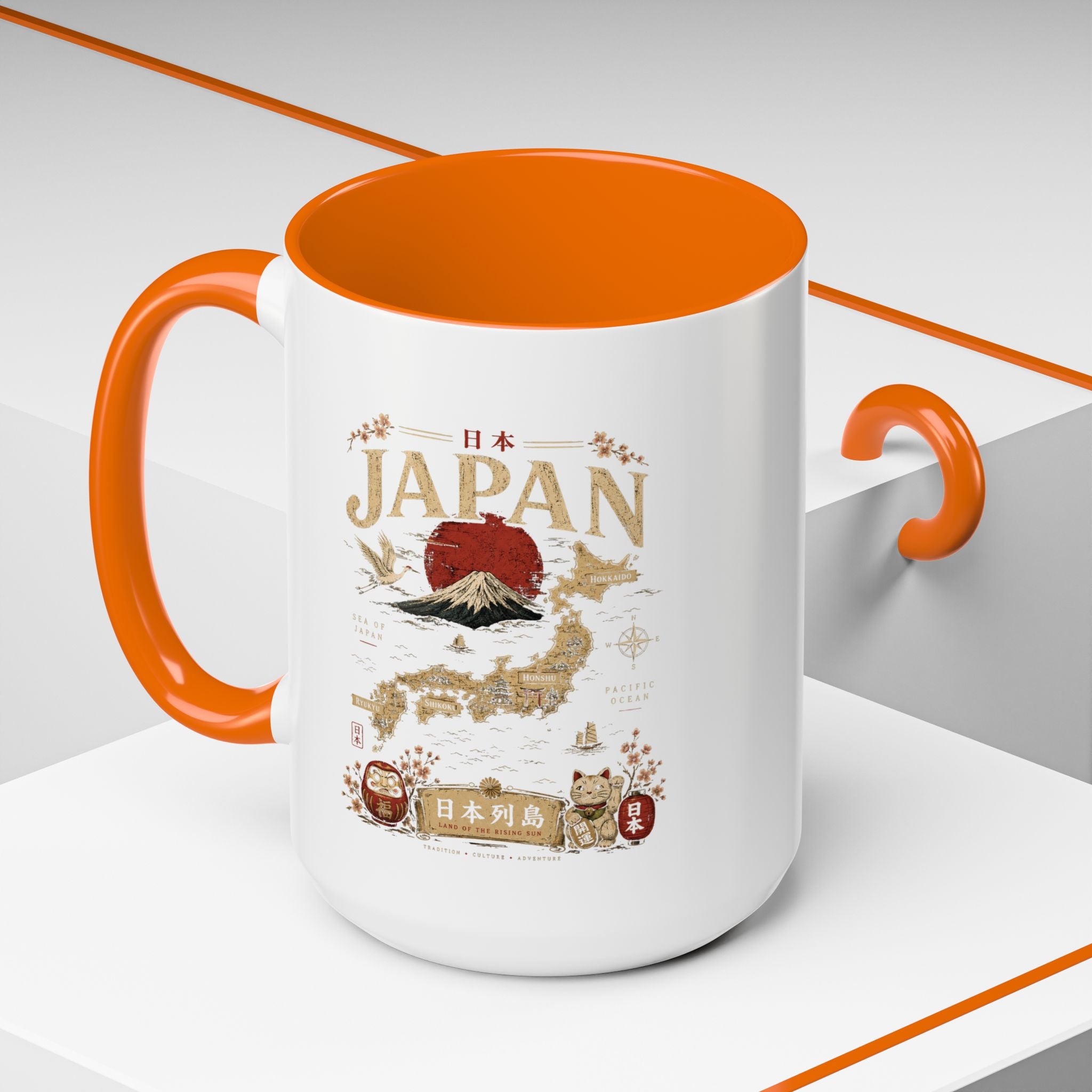 Japan Travel Map Coffee Mug — Mount Fuji Red Sun Accent Mug (11/15 oz)