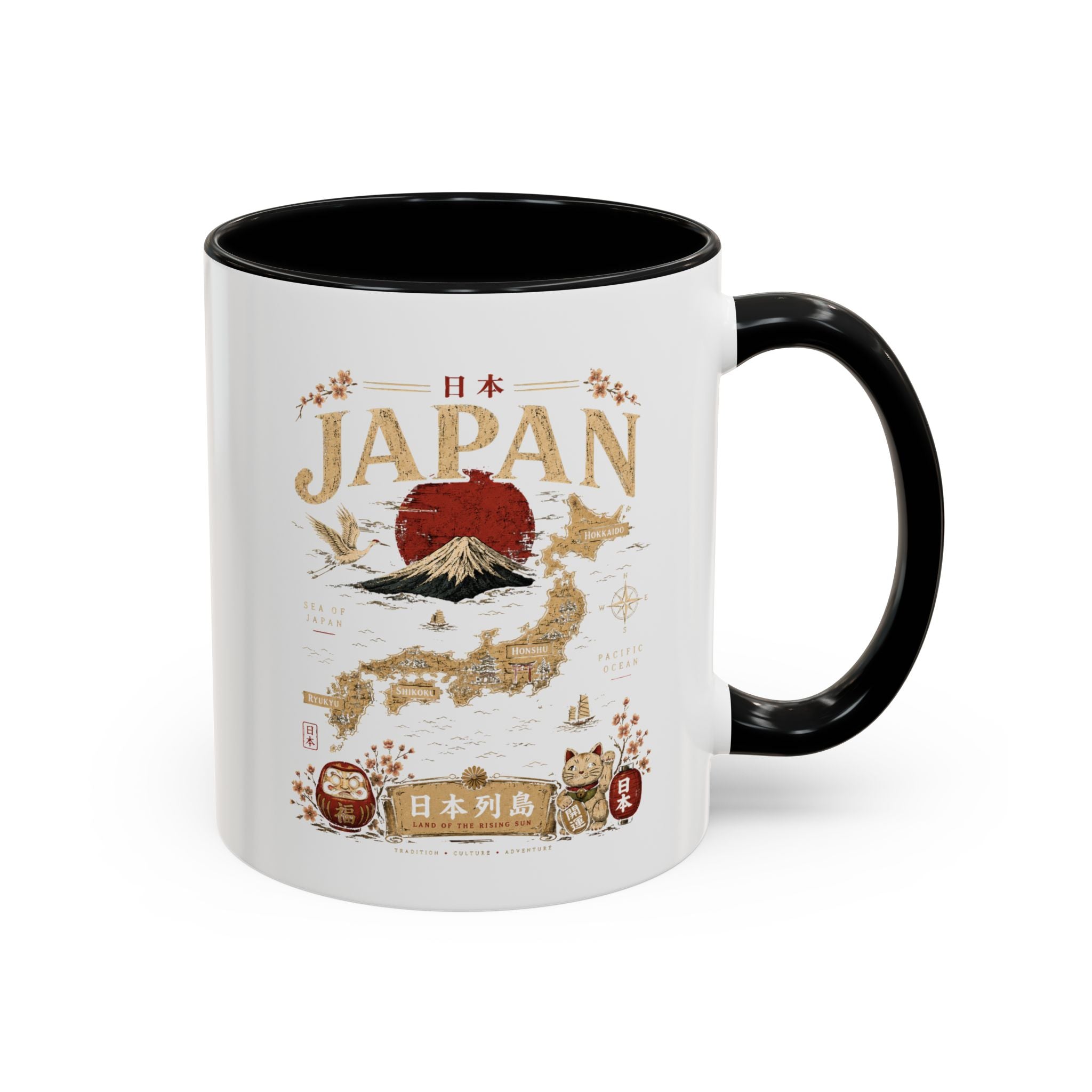 Japan Travel Map Coffee Mug — Mount Fuji Red Sun Accent Mug (11/15 oz)