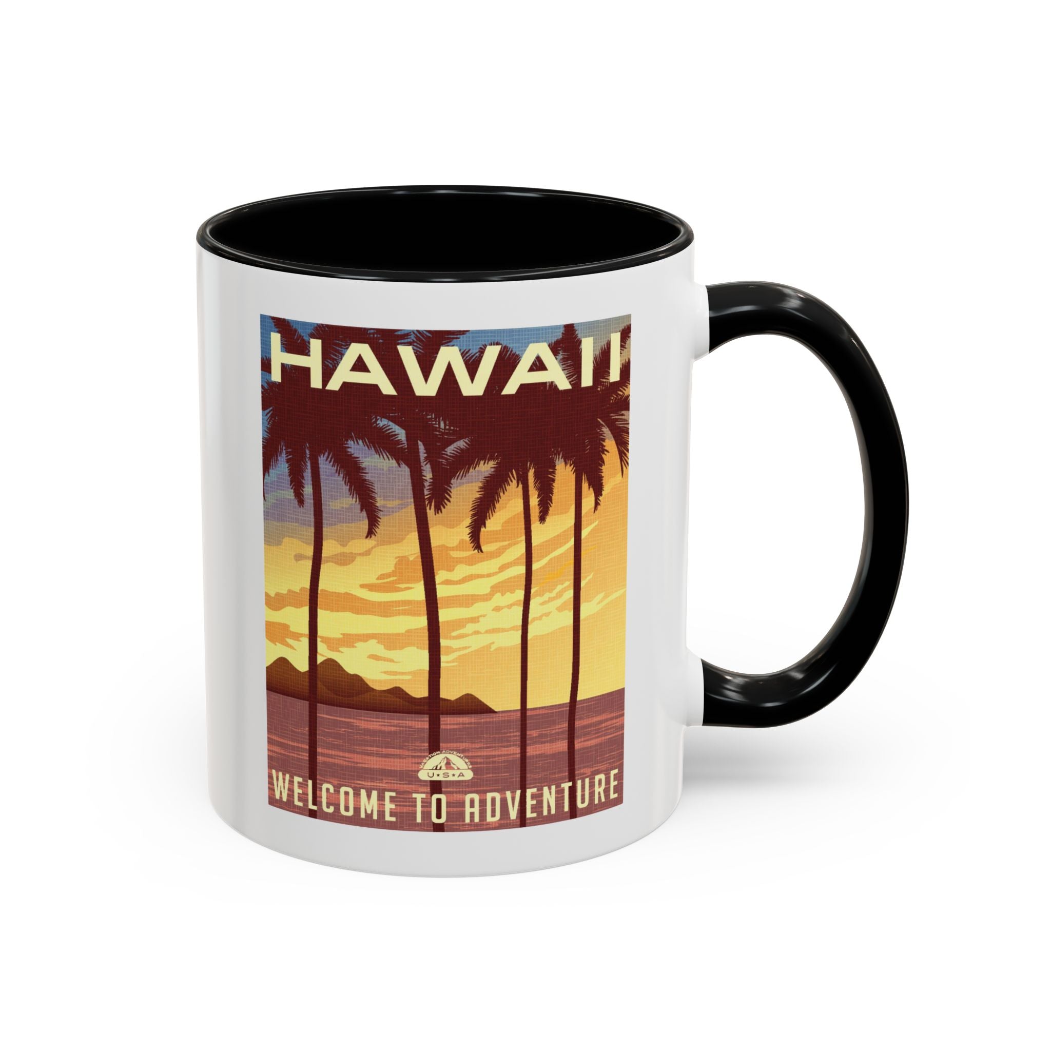 Hawaii Sunset Coffee Mug — "Welcome to Adventure" Tropical Travel Accent Mug