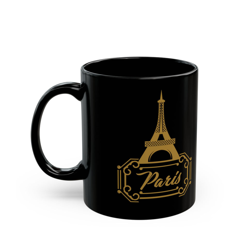 Paris Eiffel Tower Black Coffee Mug — Gold Retro Travel Logo (11oz, 15oz)