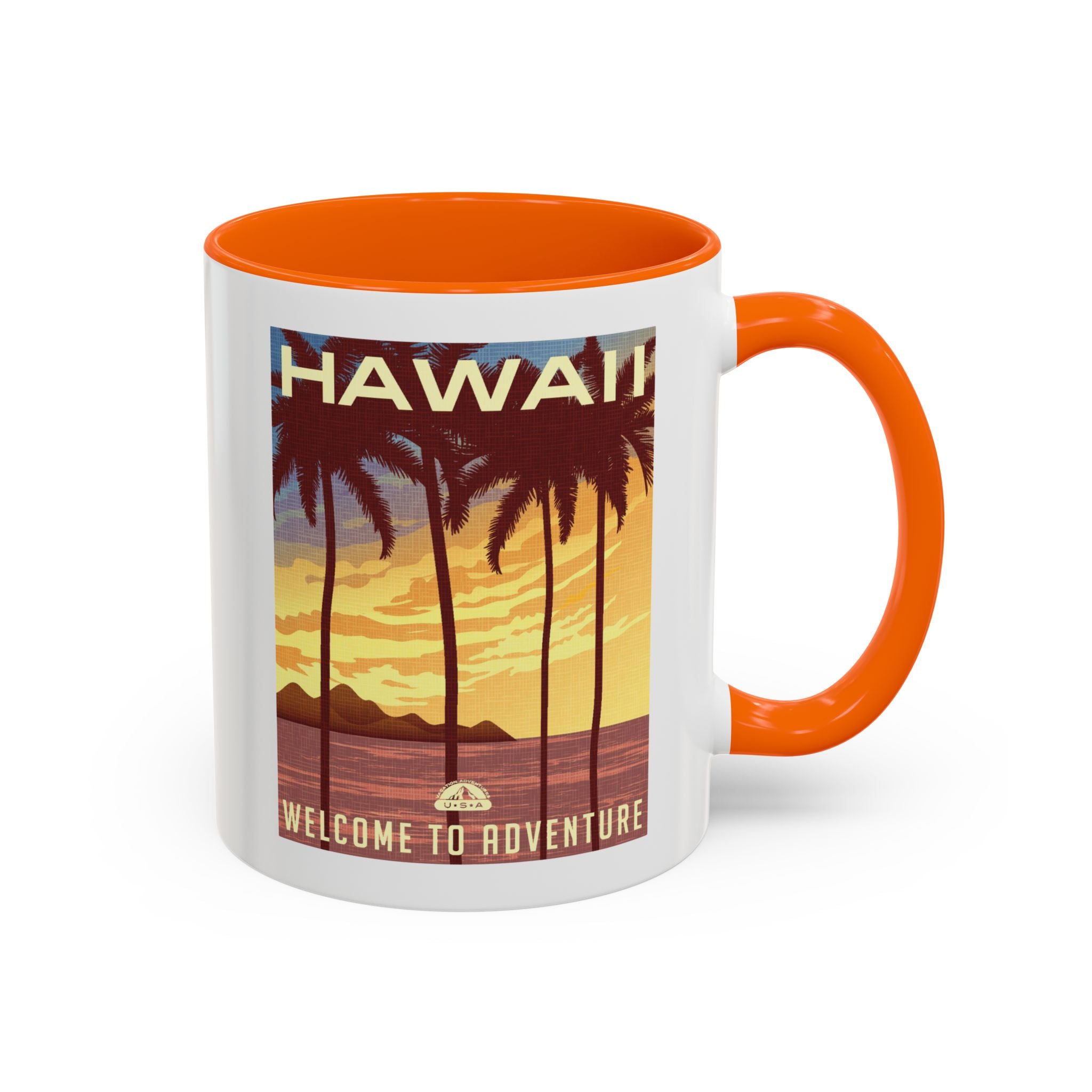 Hawaii Sunset Coffee Mug — "Welcome to Adventure" Tropical Travel Accent Mug