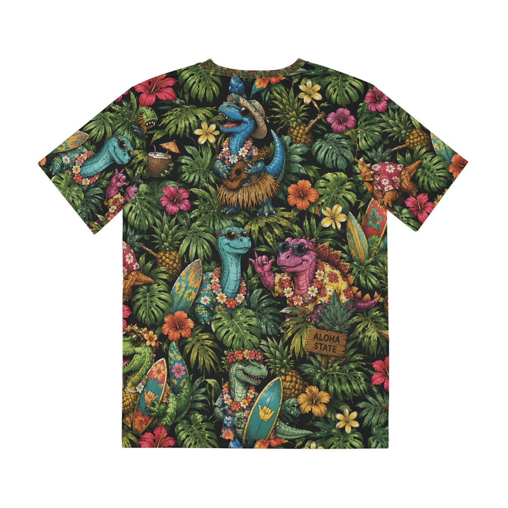 Aloha Dino Surf Hawaiian Tee — Tropical Dinosaur All-Over Print Shirt