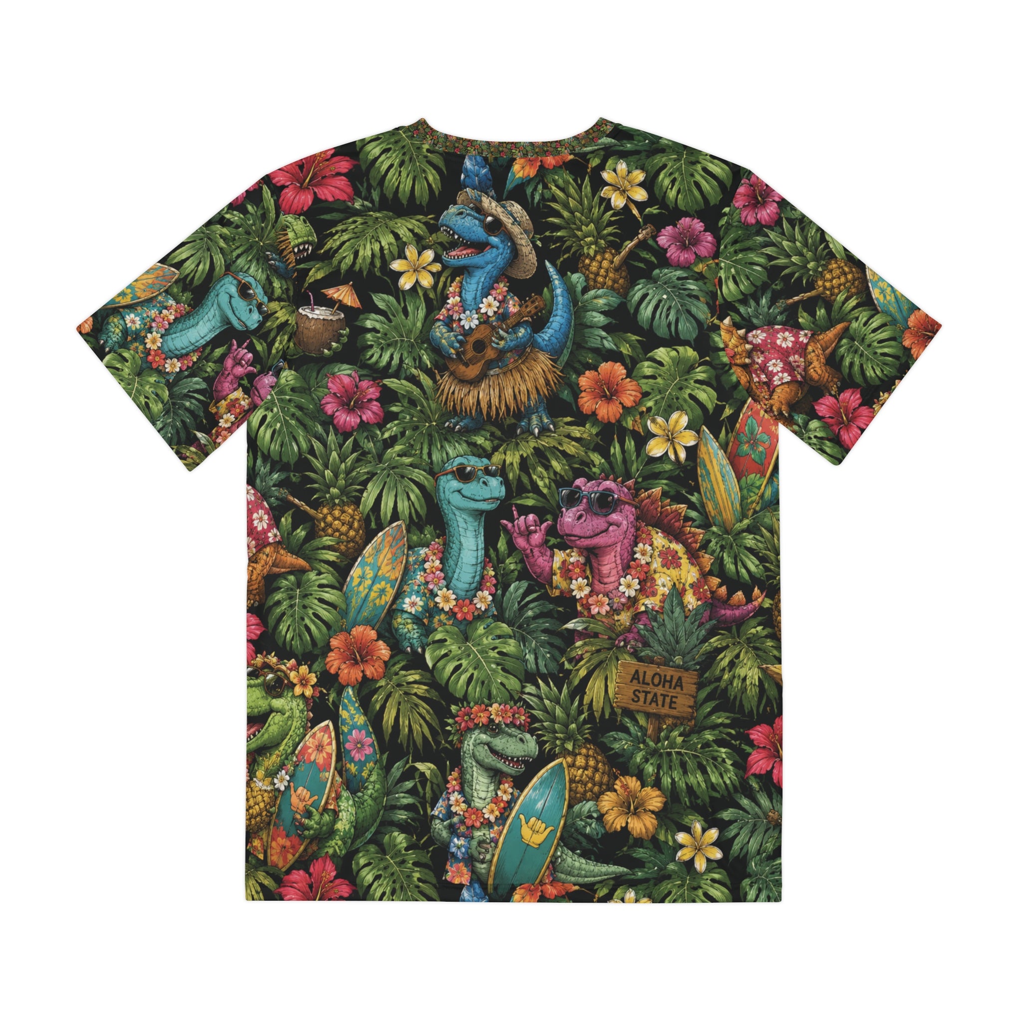 Aloha Dino Surf Hawaiian Tee — Tropical Dinosaur All-Over Print Shirt