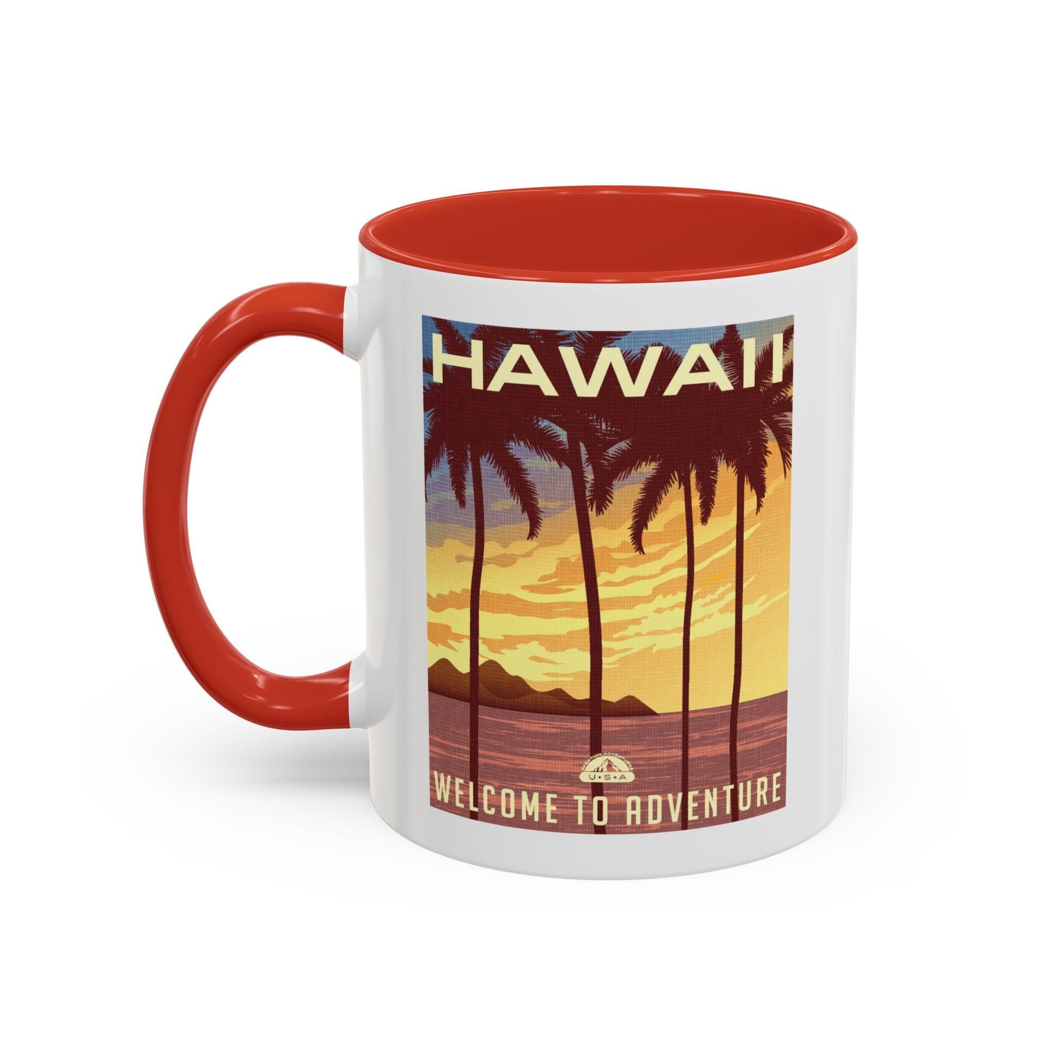 Hawaii Sunset Coffee Mug — "Welcome to Adventure" Tropical Travel Accent Mug