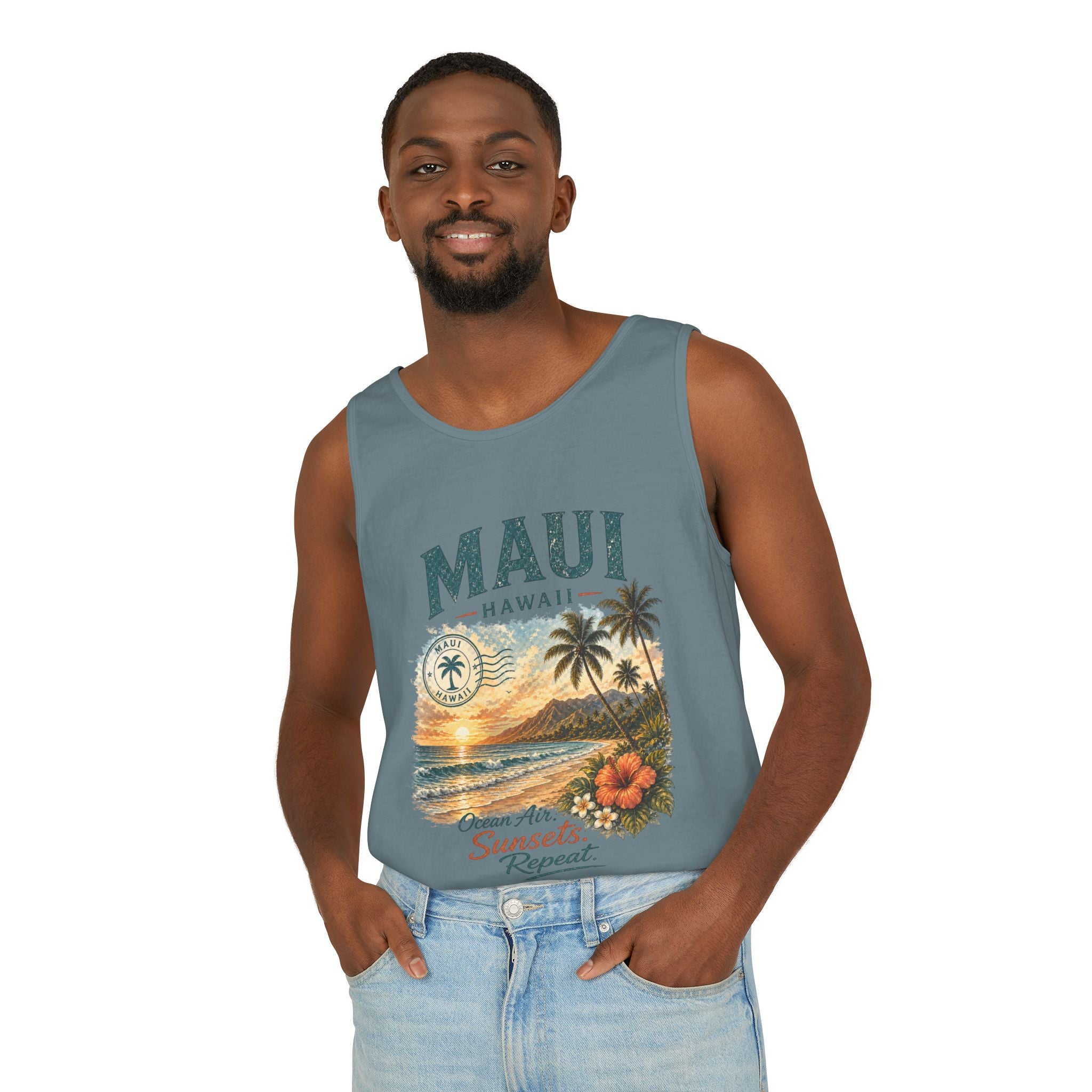 Maui Hawaii Tank Top — Ocean Air Sunsets Repeat Beach Graphic