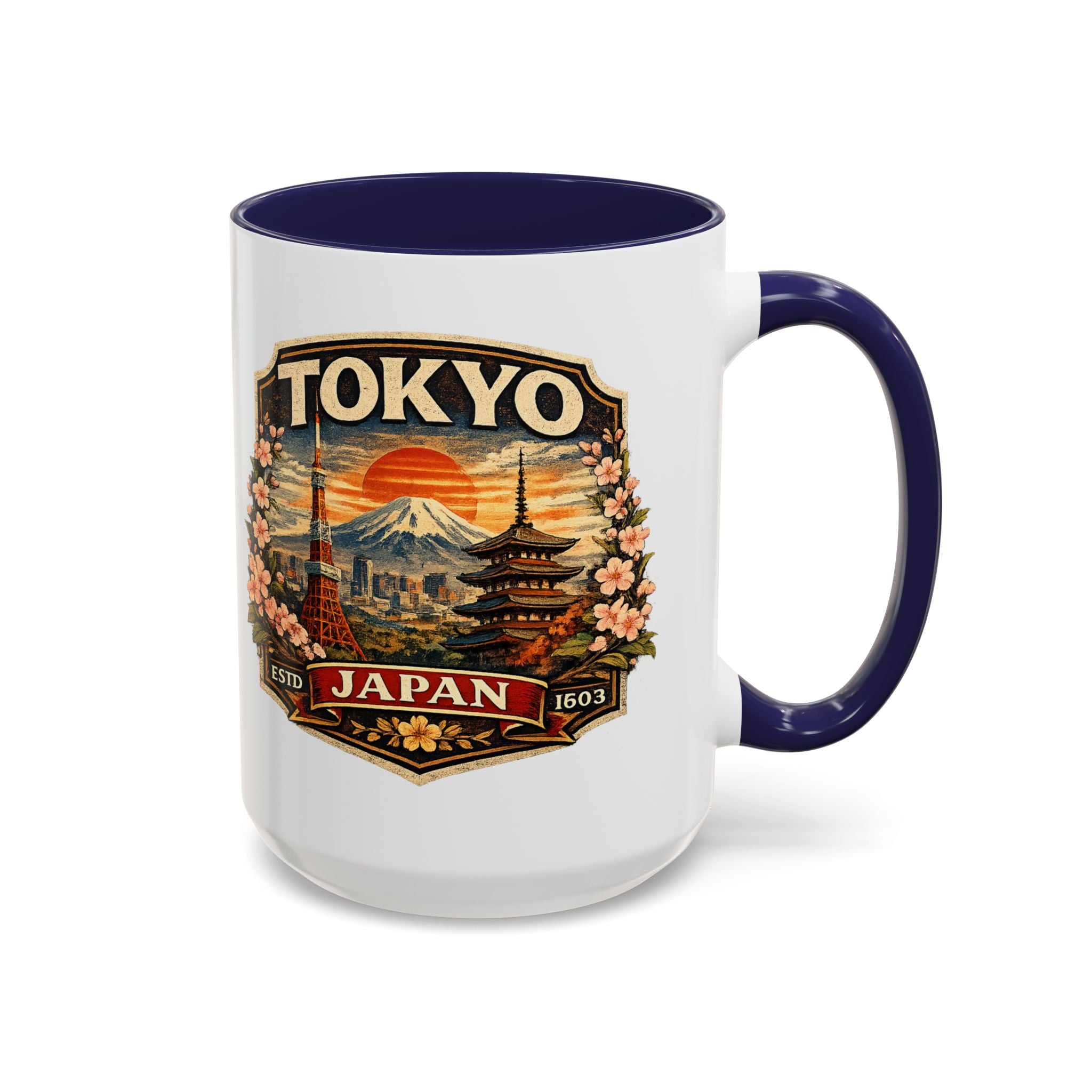 Tokyo Japan Accent Coffee Mug – Vintage Mount Fuji & Sakura Travel Souvenir (11/15oz)