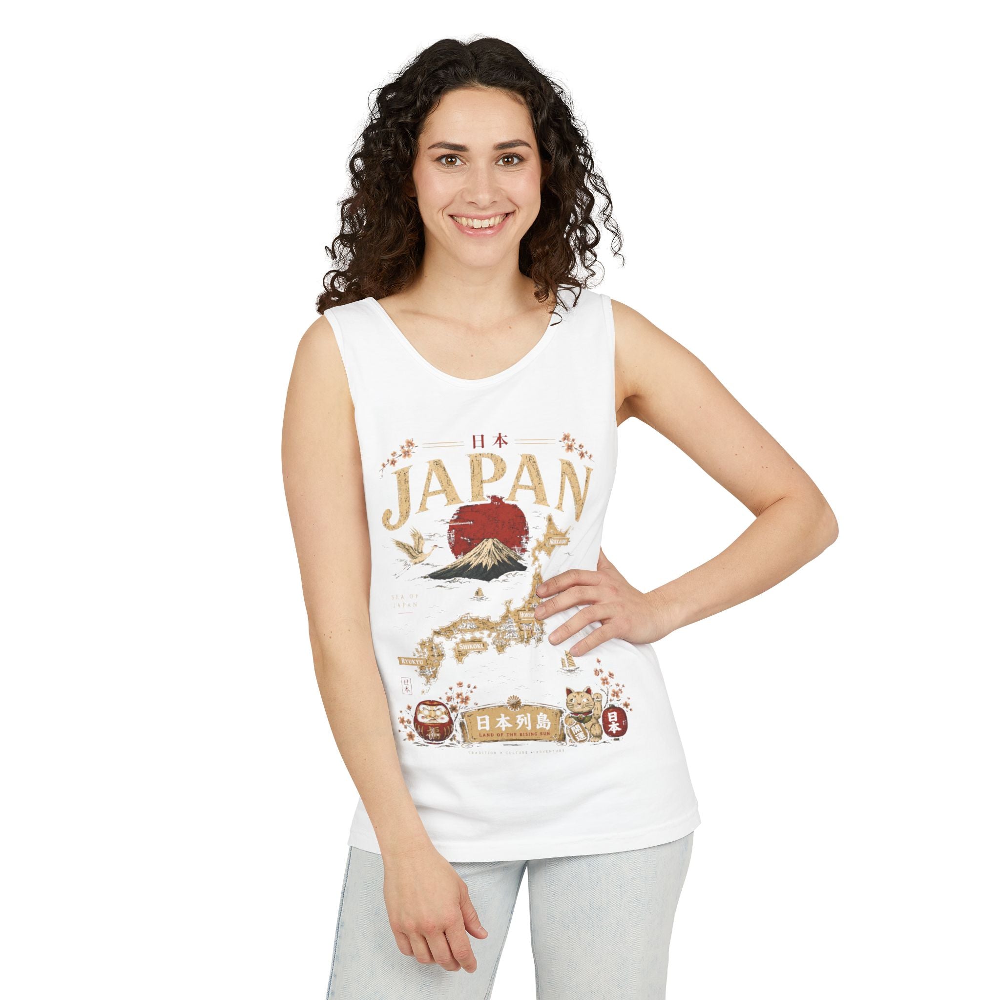 Japan Vintage Travel Tank Top — Mount Fuji & Lucky Cat Graphic