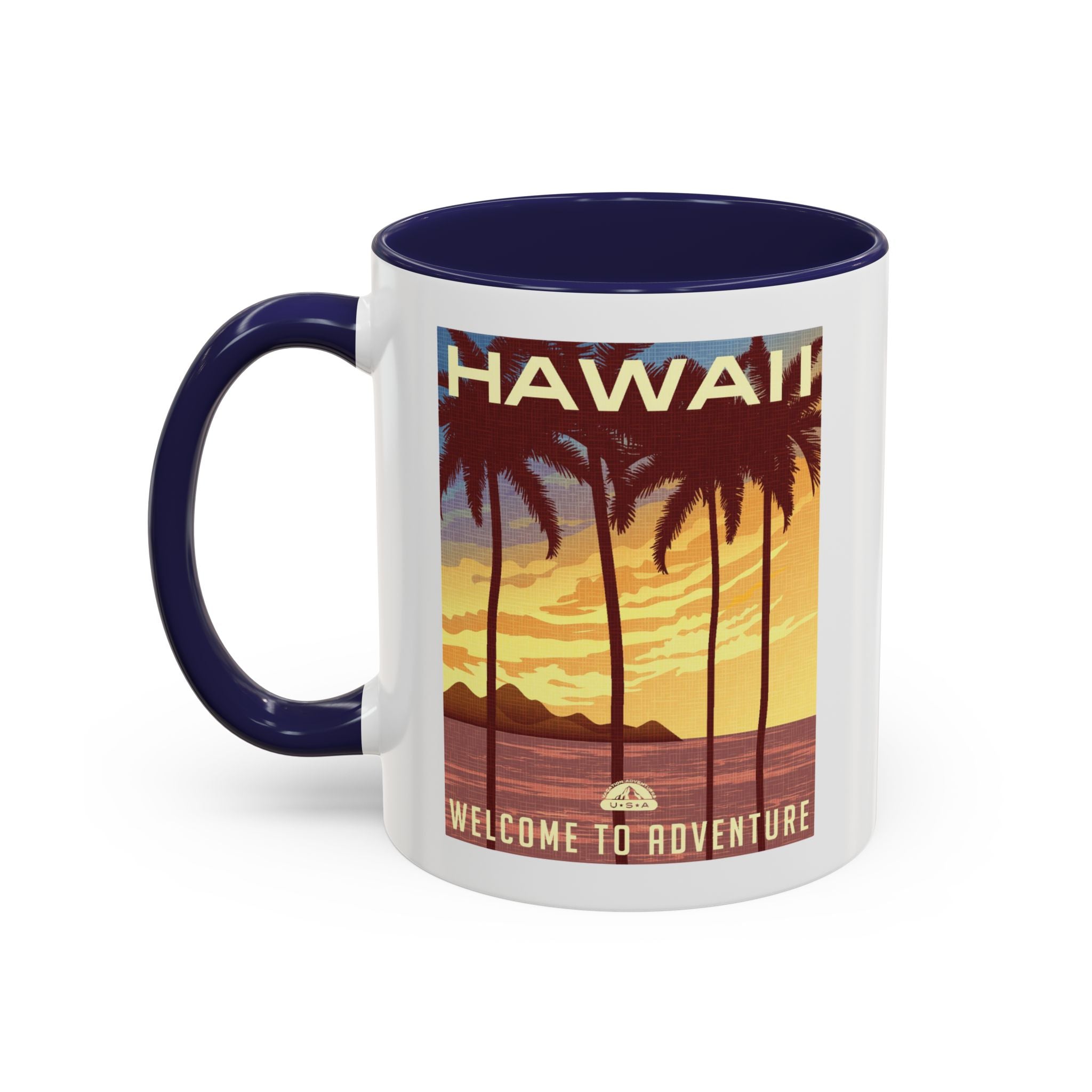 Hawaii Sunset Coffee Mug — "Welcome to Adventure" Tropical Travel Accent Mug