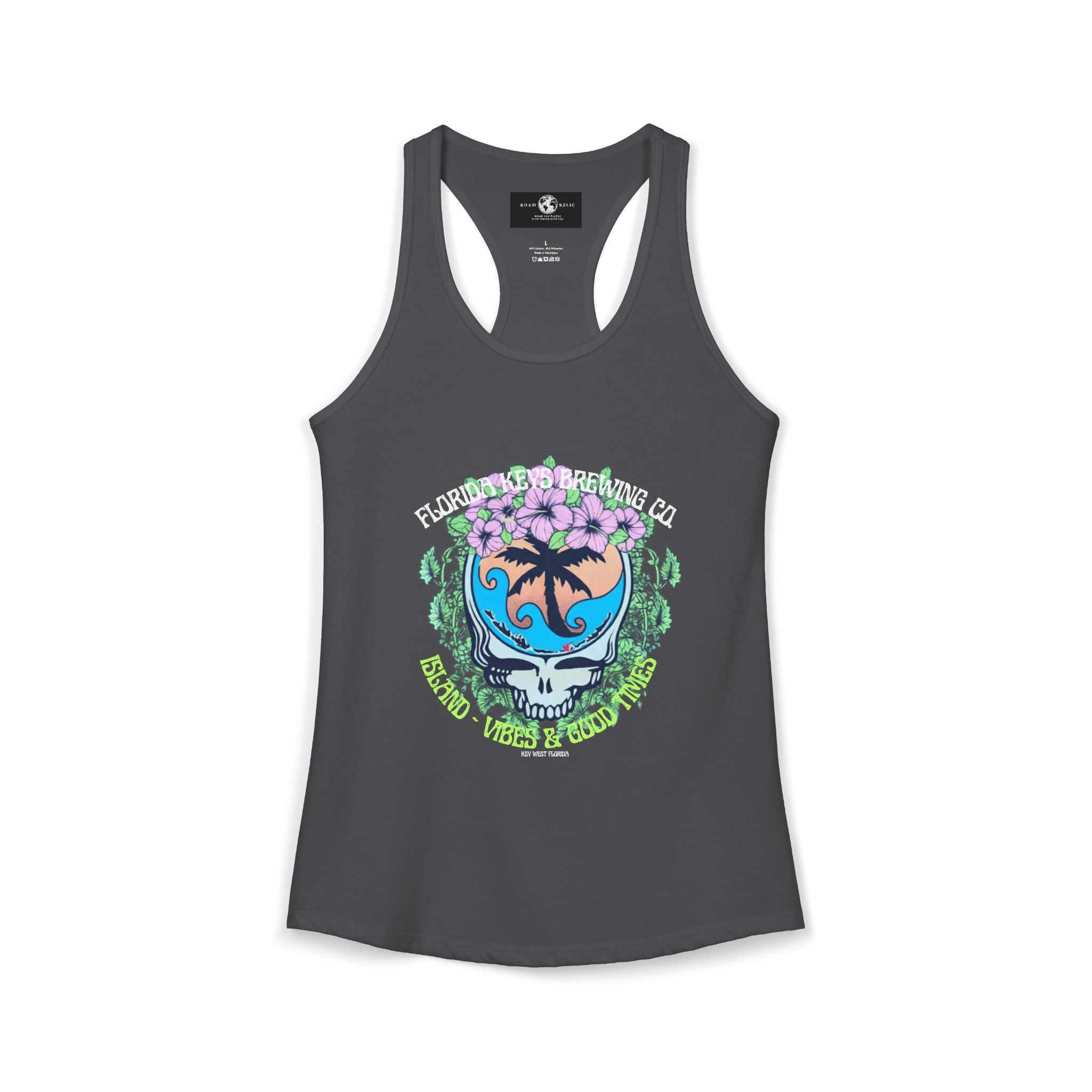 Island Vibes & Good Times Racerback Tank — Tropical Skull Graphic