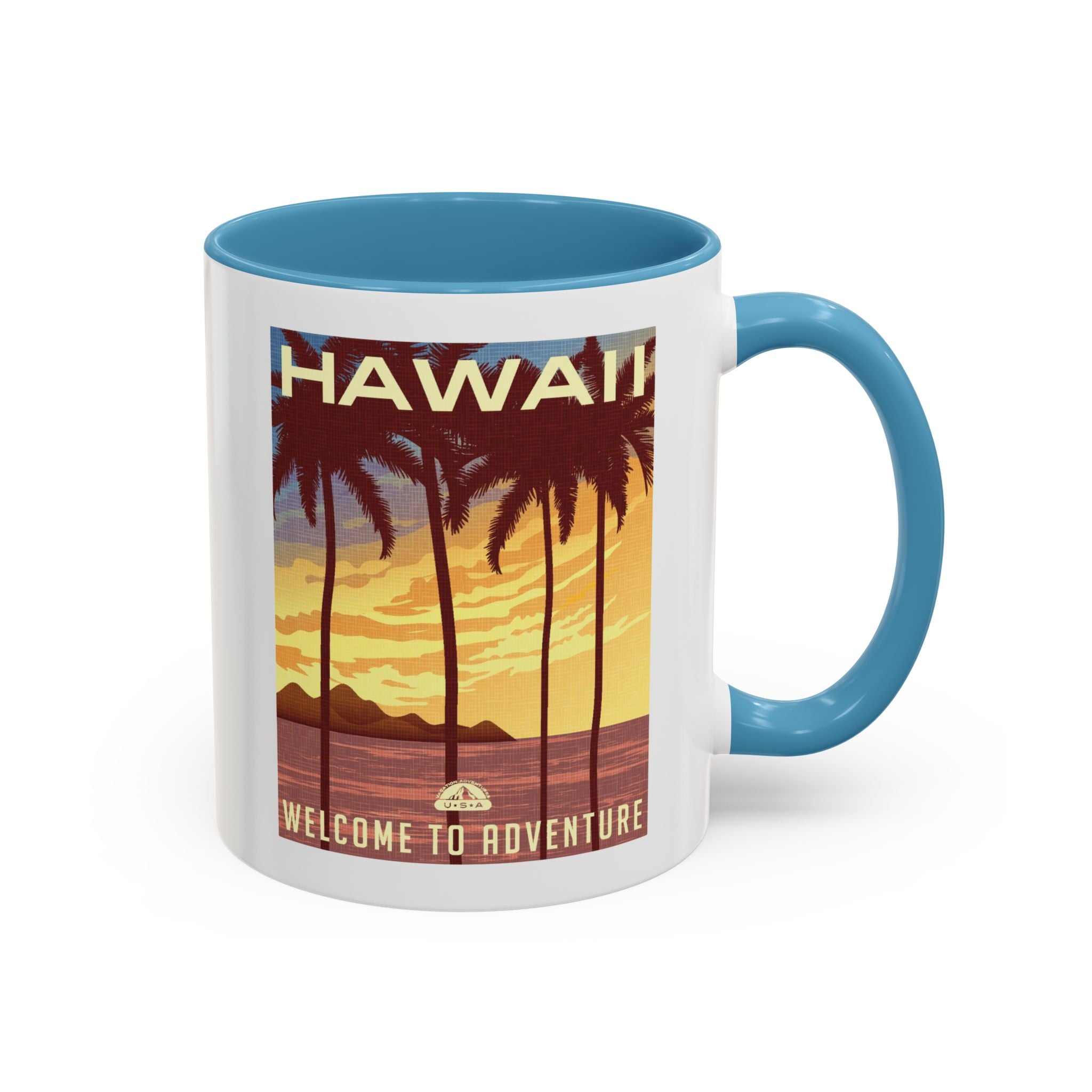 Hawaii Sunset Coffee Mug — "Welcome to Adventure" Tropical Travel Accent Mug