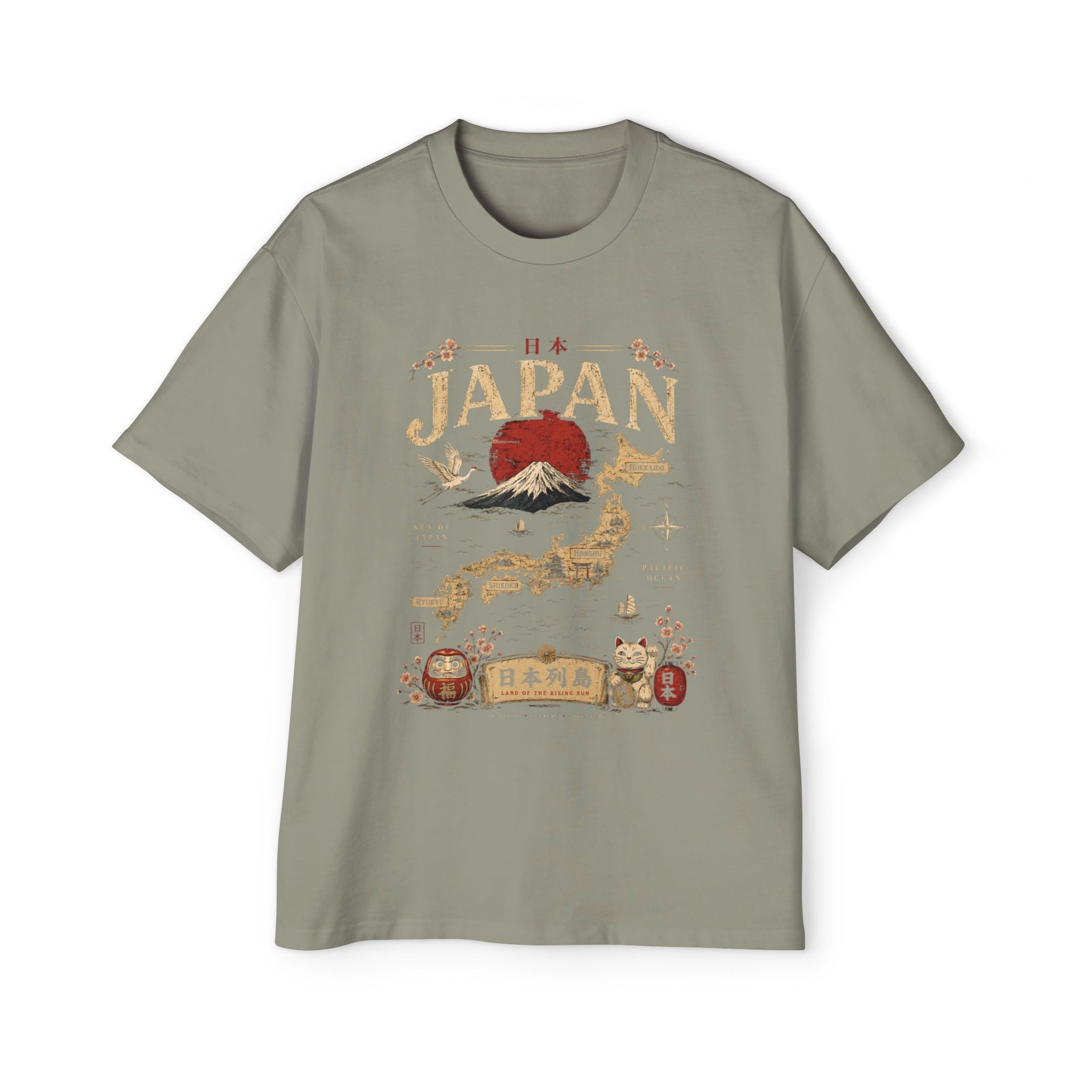 Japan Map Tee — Mount Fuji, Rising Sun & Lucky Cat Graphic T-Shirt