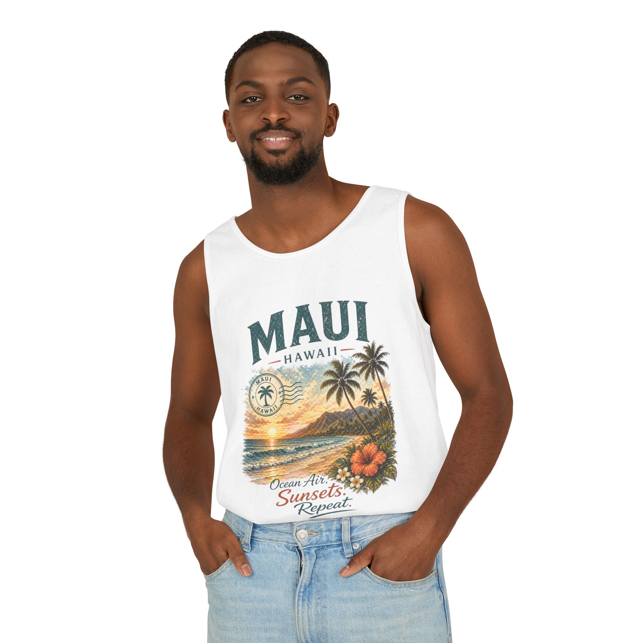 Maui Hawaii Tank Top — Ocean Air Sunsets Repeat Beach Graphic
