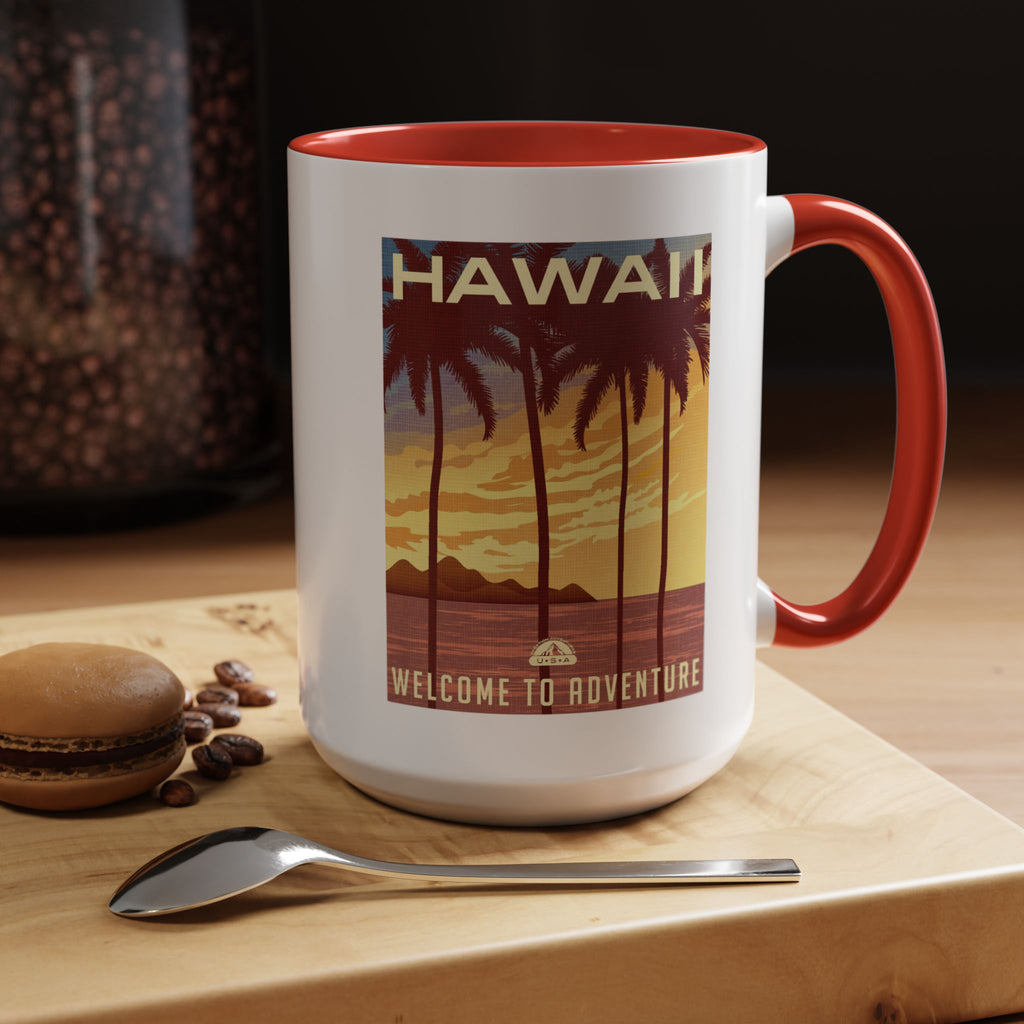Hawaii Sunset Coffee Mug — "Welcome to Adventure" Tropical Travel Accent Mug