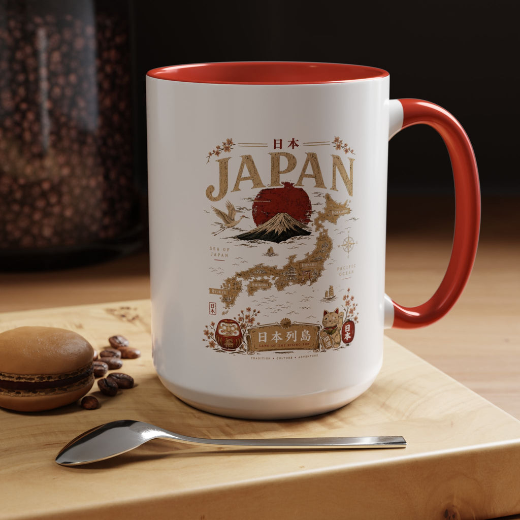 Japan Travel Map Coffee Mug — Mount Fuji Red Sun Accent Mug (11/15 oz)