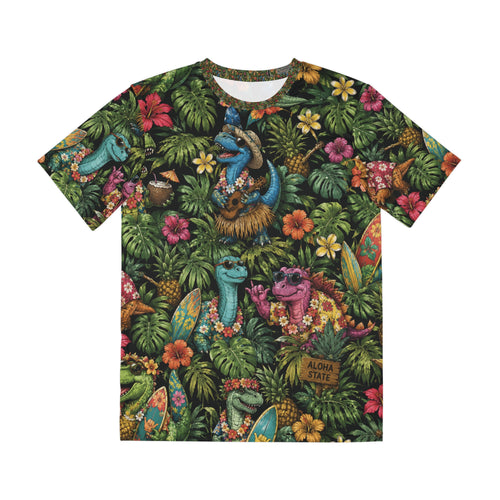 Aloha Dino Surf Hawaiian Tee — Tropical Dinosaur All-Over Print Shirt