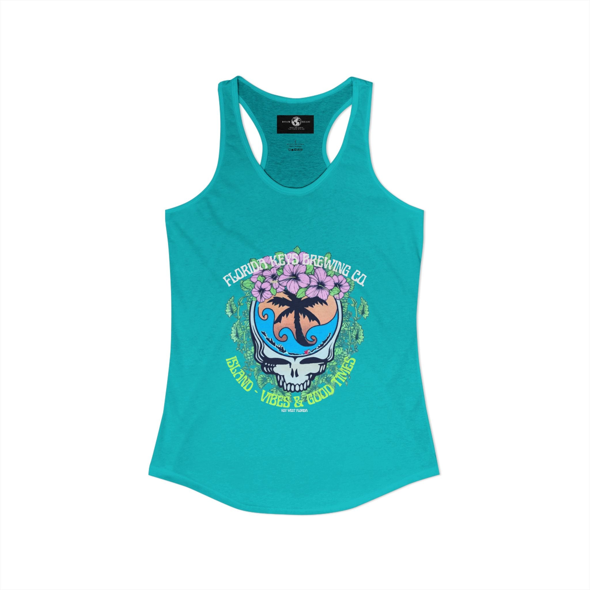 Island Vibes & Good Times Racerback Tank — Tropical Skull Graphic