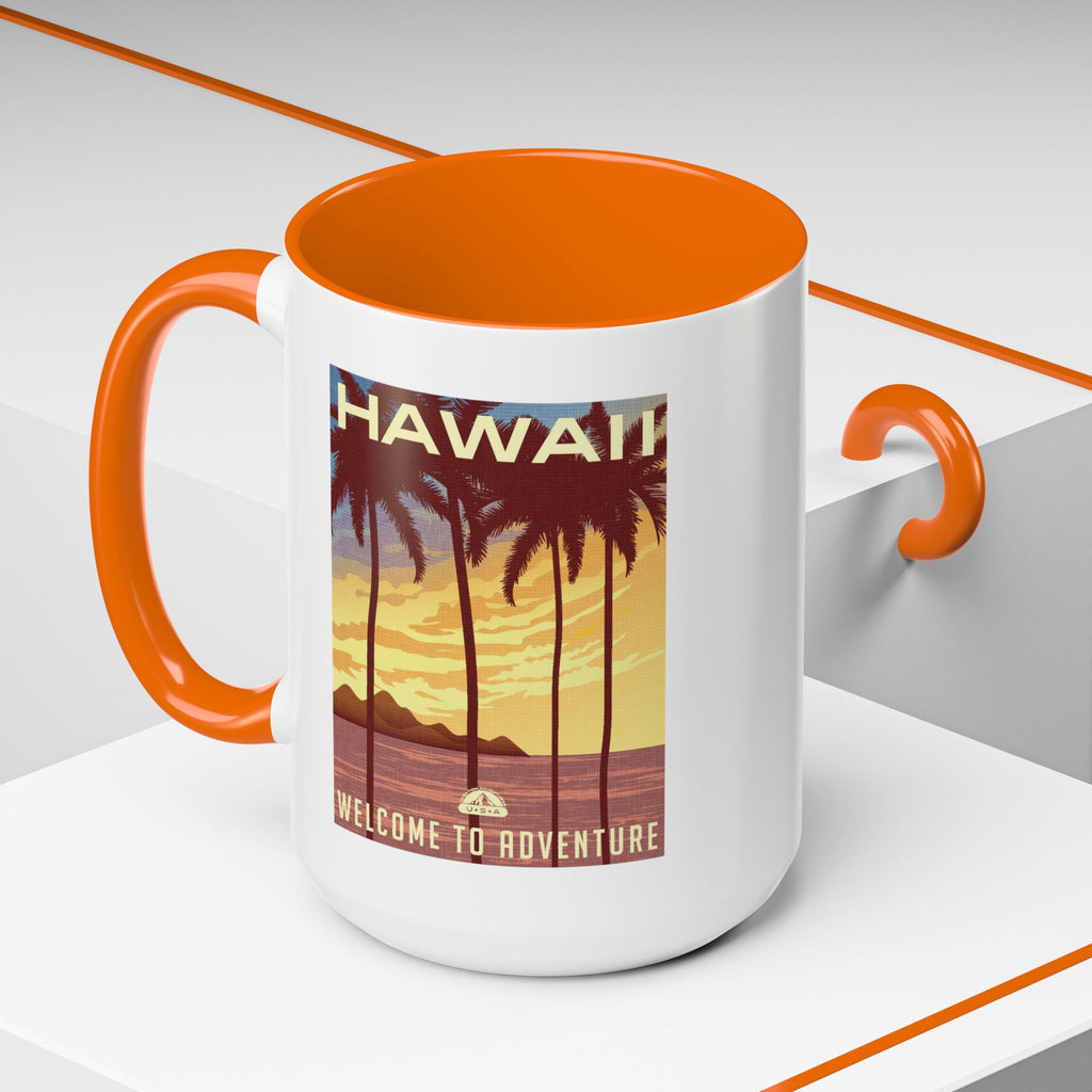 Hawaii Sunset Coffee Mug — "Welcome to Adventure" Tropical Travel Accent Mug