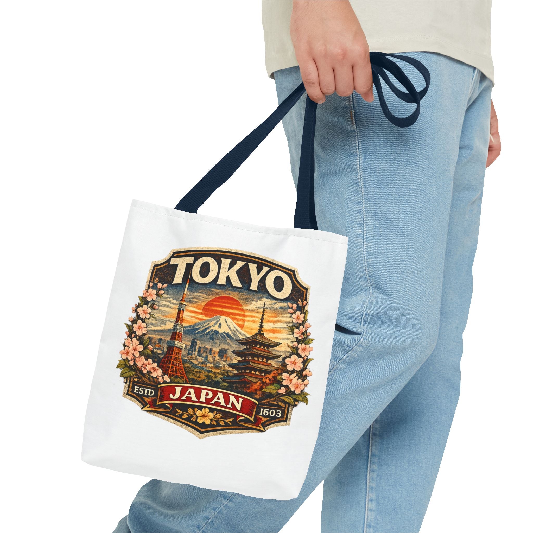 Tokyo Japan Scenic Tote Bag – Vintage Mount Fuji & Cherry Blossom Travel Tote