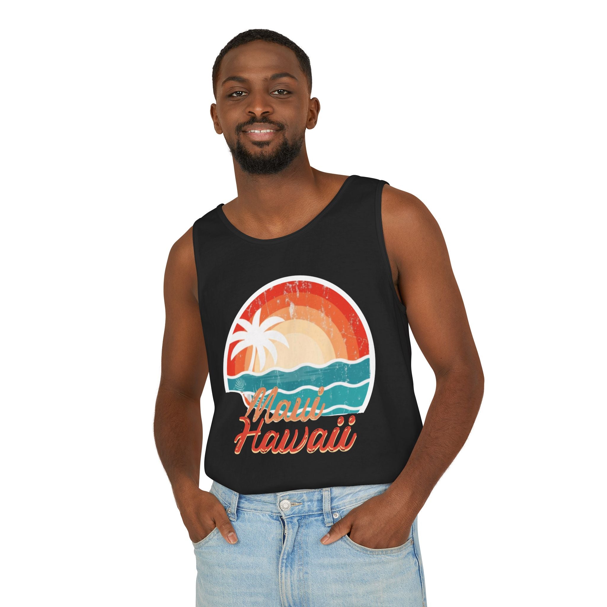 Maui Hawaii Retro Sunset Tank Top — Vintage Palm Beach Vacation Tee
