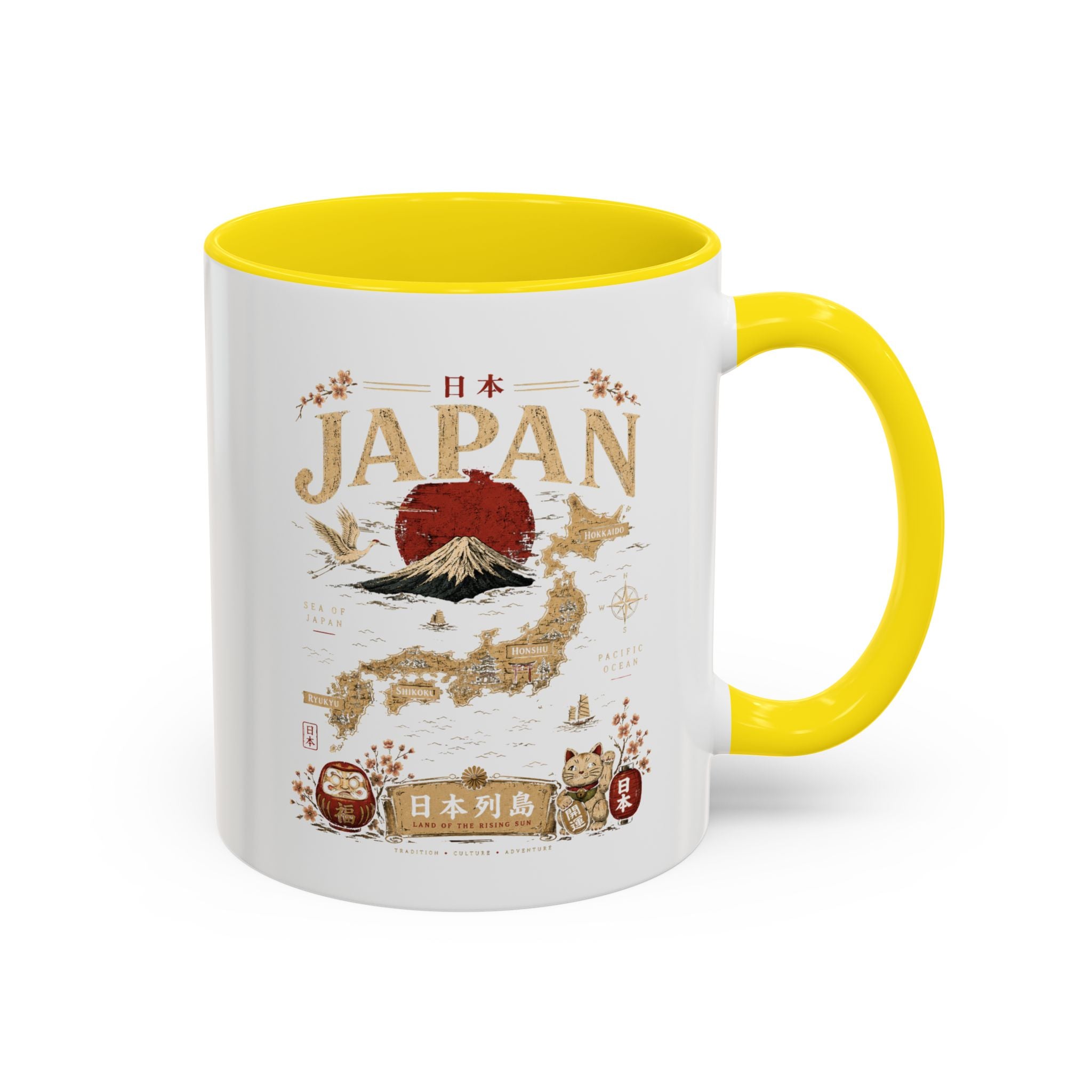 Japan Travel Map Coffee Mug — Mount Fuji Red Sun Accent Mug (11/15 oz)
