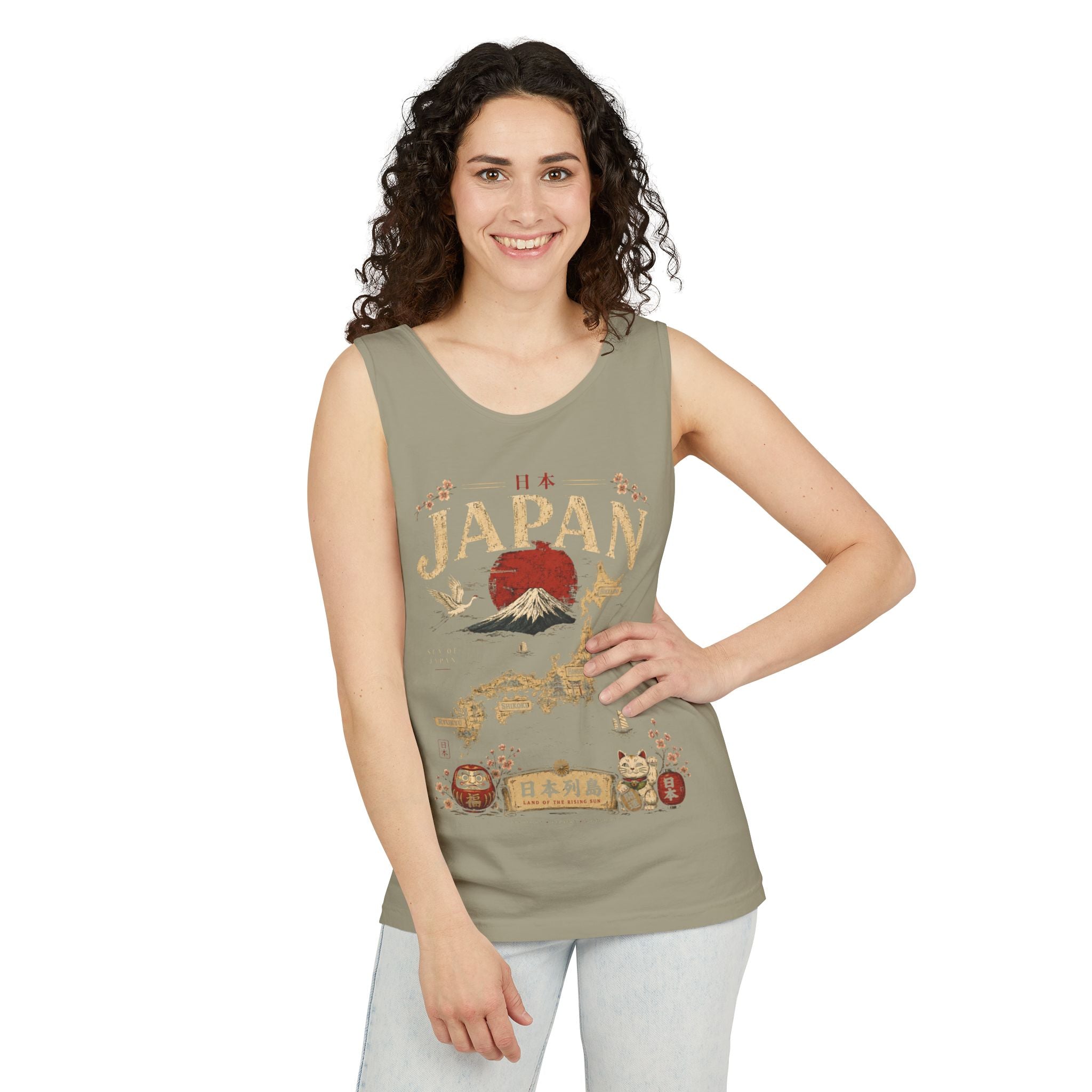 Japan Vintage Travel Tank Top — Mount Fuji & Lucky Cat Graphic