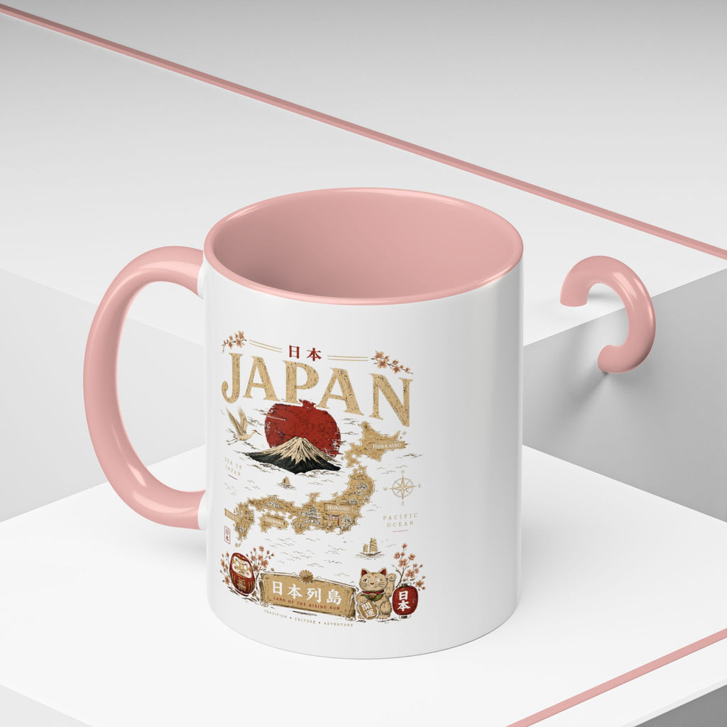Japan Travel Map Coffee Mug — Mount Fuji Red Sun Accent Mug (11/15 oz)