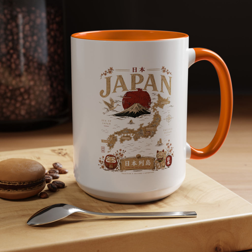 Japan Travel Map Coffee Mug — Mount Fuji Red Sun Accent Mug (11/15 oz)