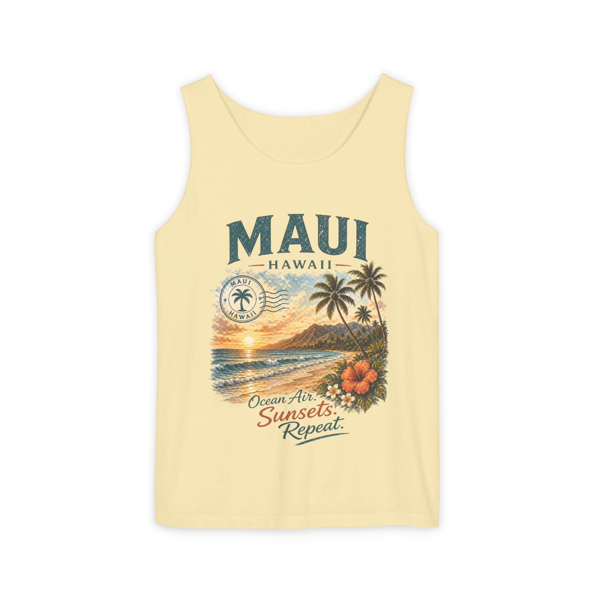Maui Hawaii Tank Top — Ocean Air Sunsets Repeat Beach Graphic