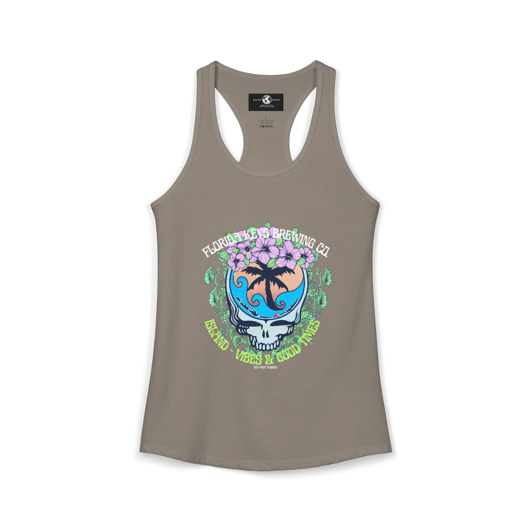 Island Vibes & Good Times Racerback Tank — Tropical Skull Graphic