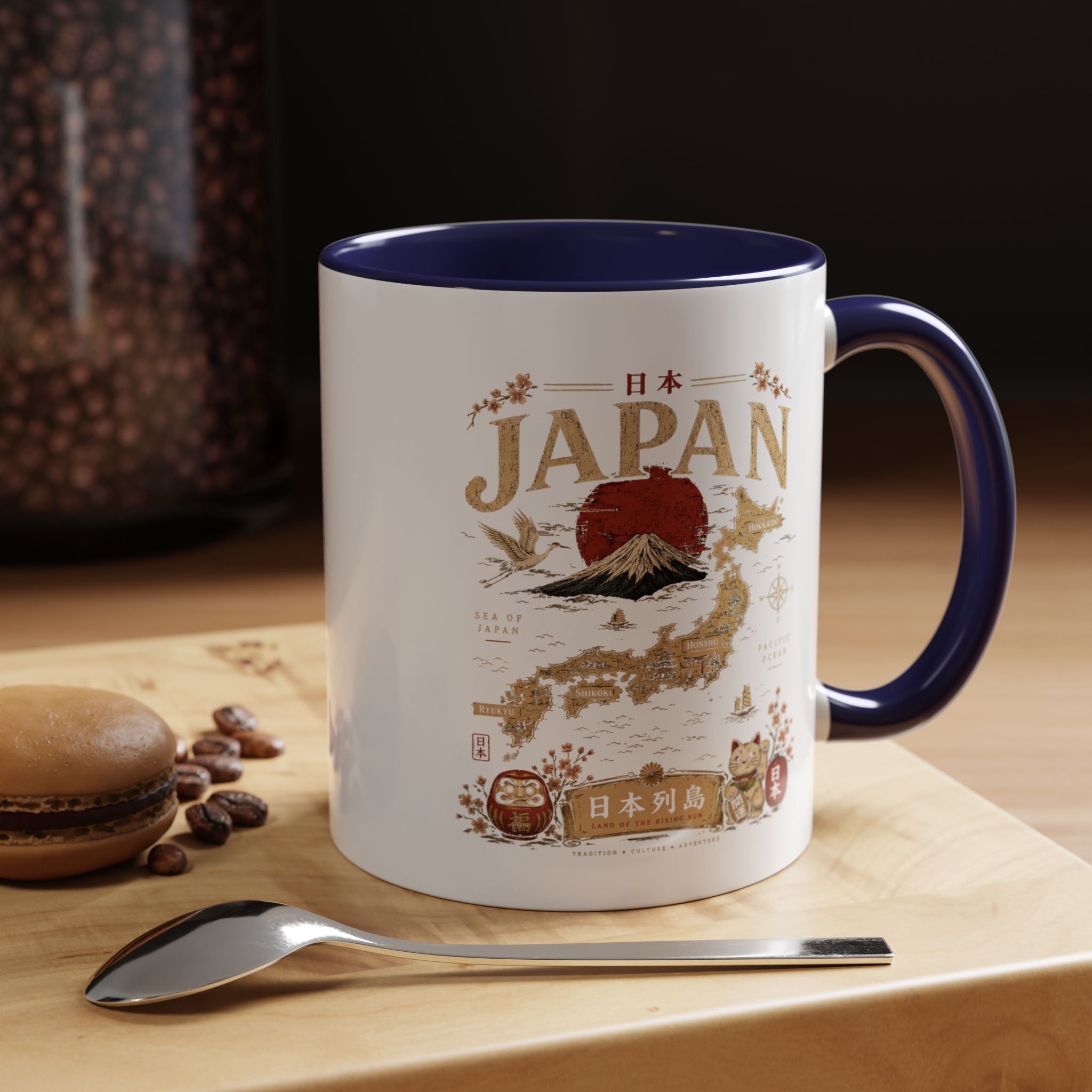 Japan Travel Map Coffee Mug — Mount Fuji Red Sun Accent Mug (11/15 oz)