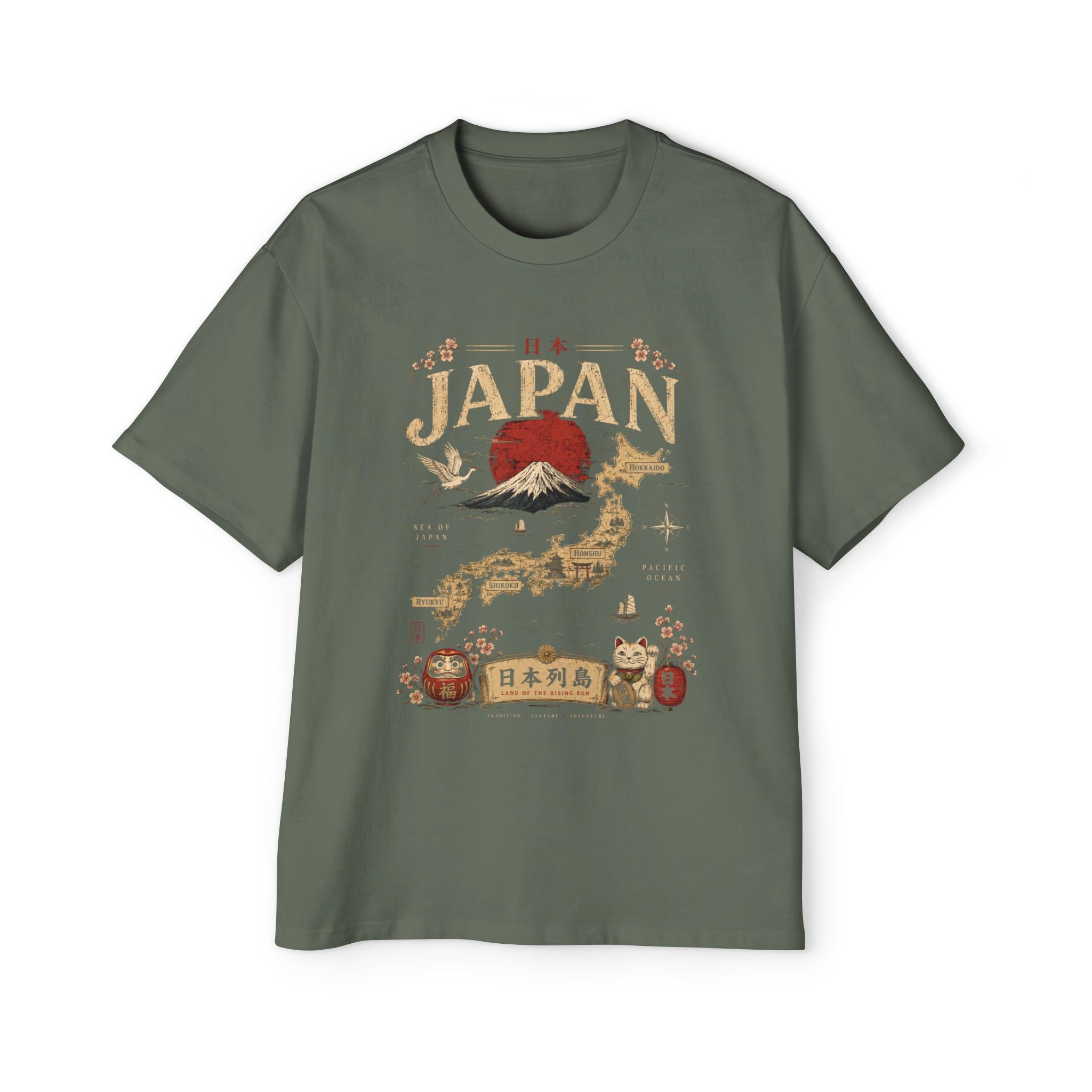 Japan Map Tee — Mount Fuji, Rising Sun & Lucky Cat Graphic T-Shirt