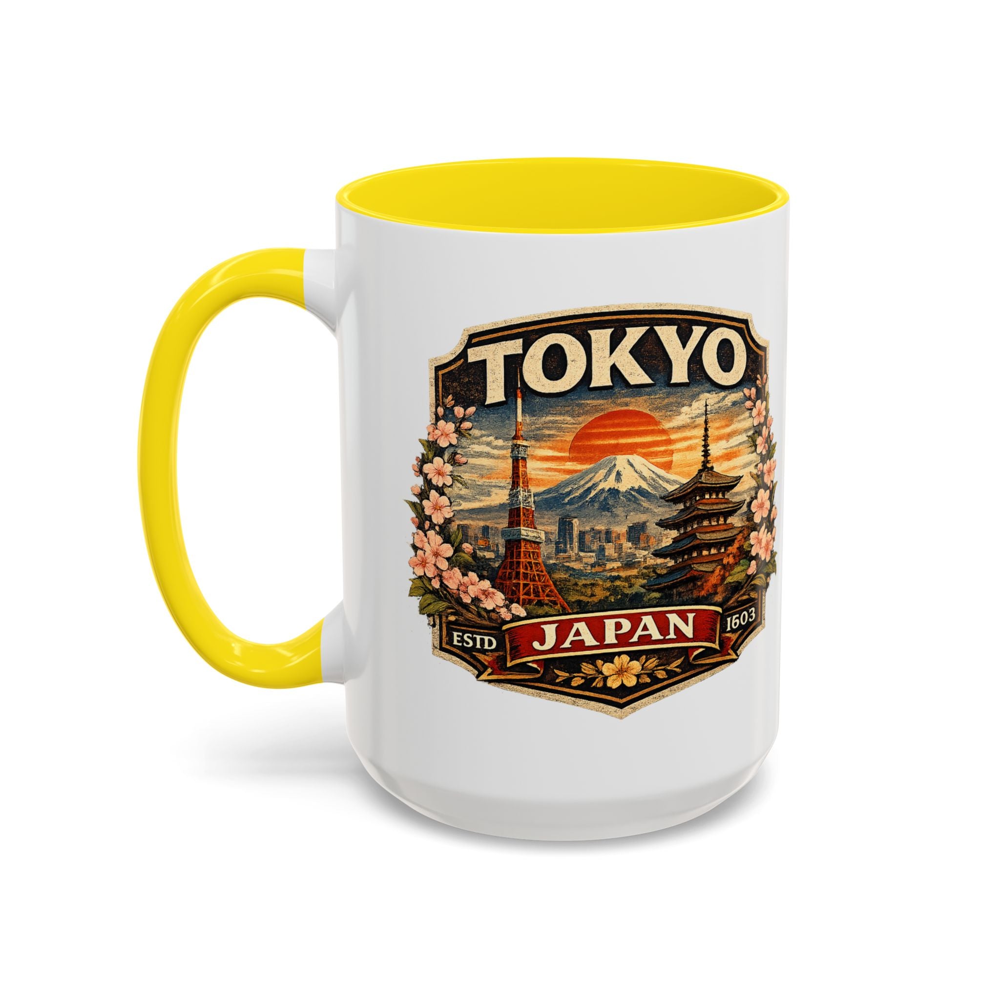 Tokyo Japan Accent Coffee Mug – Vintage Mount Fuji & Sakura Travel Souvenir (11/15oz)