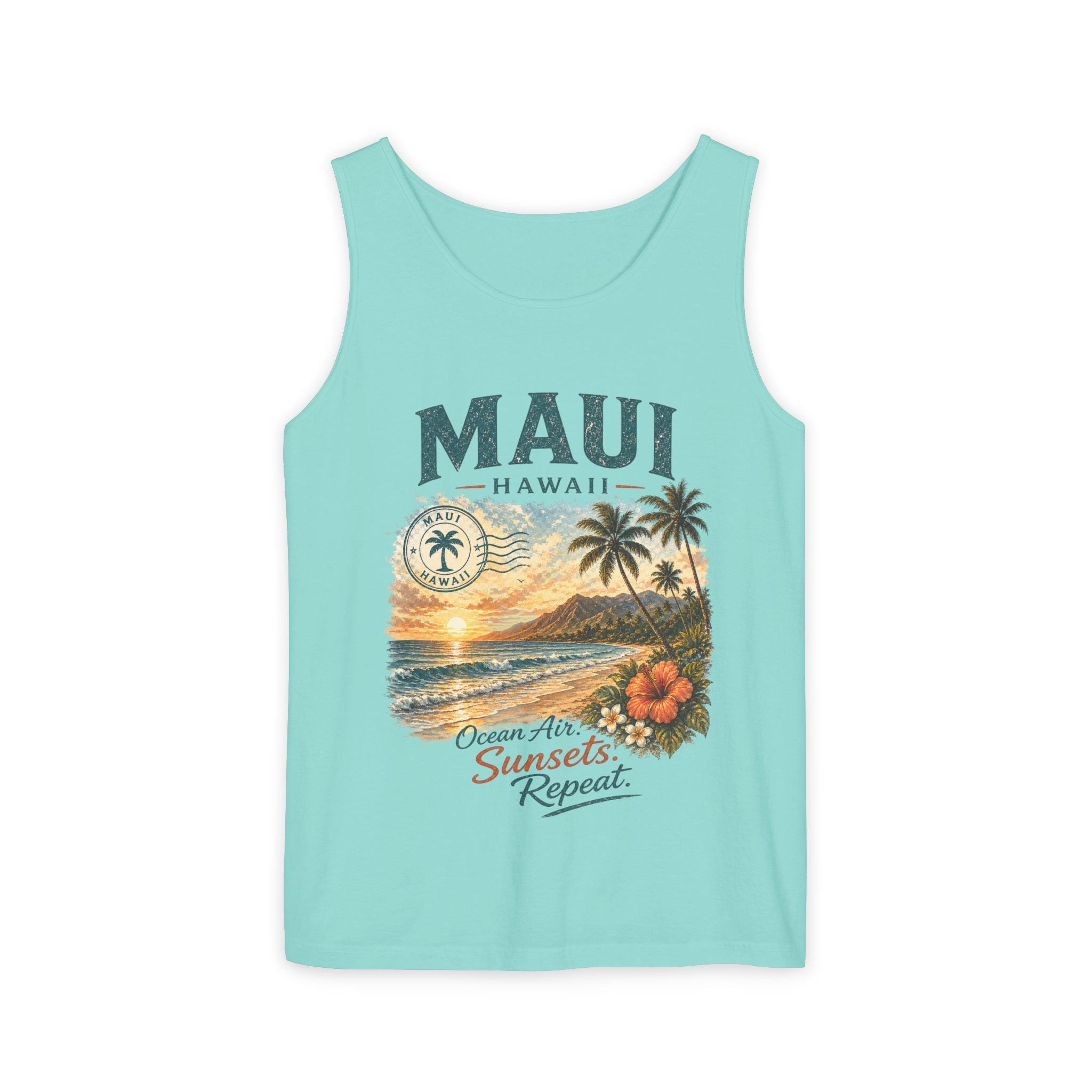 Maui Hawaii Tank Top — Ocean Air Sunsets Repeat Beach Graphic