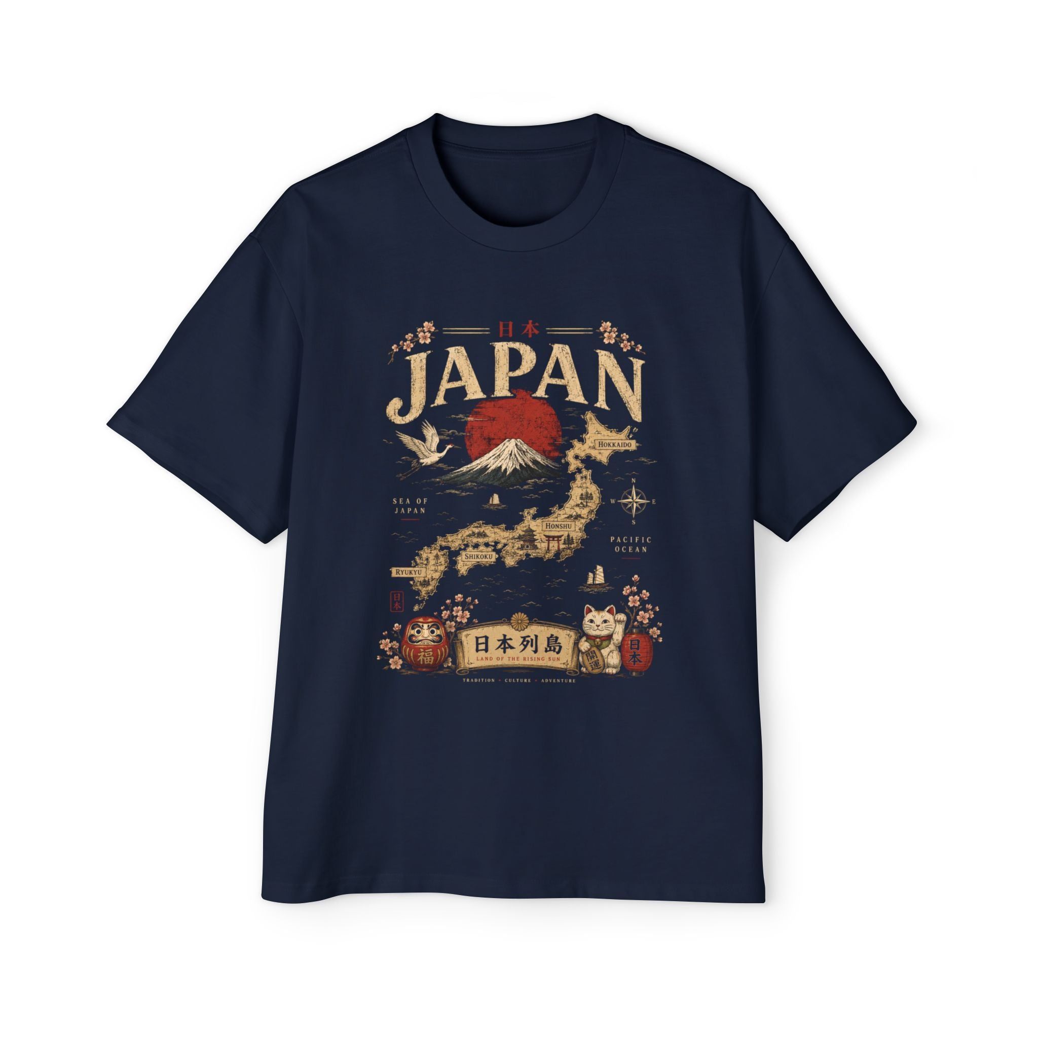 Japan Map Tee — Mount Fuji, Rising Sun & Lucky Cat Graphic T-Shirt