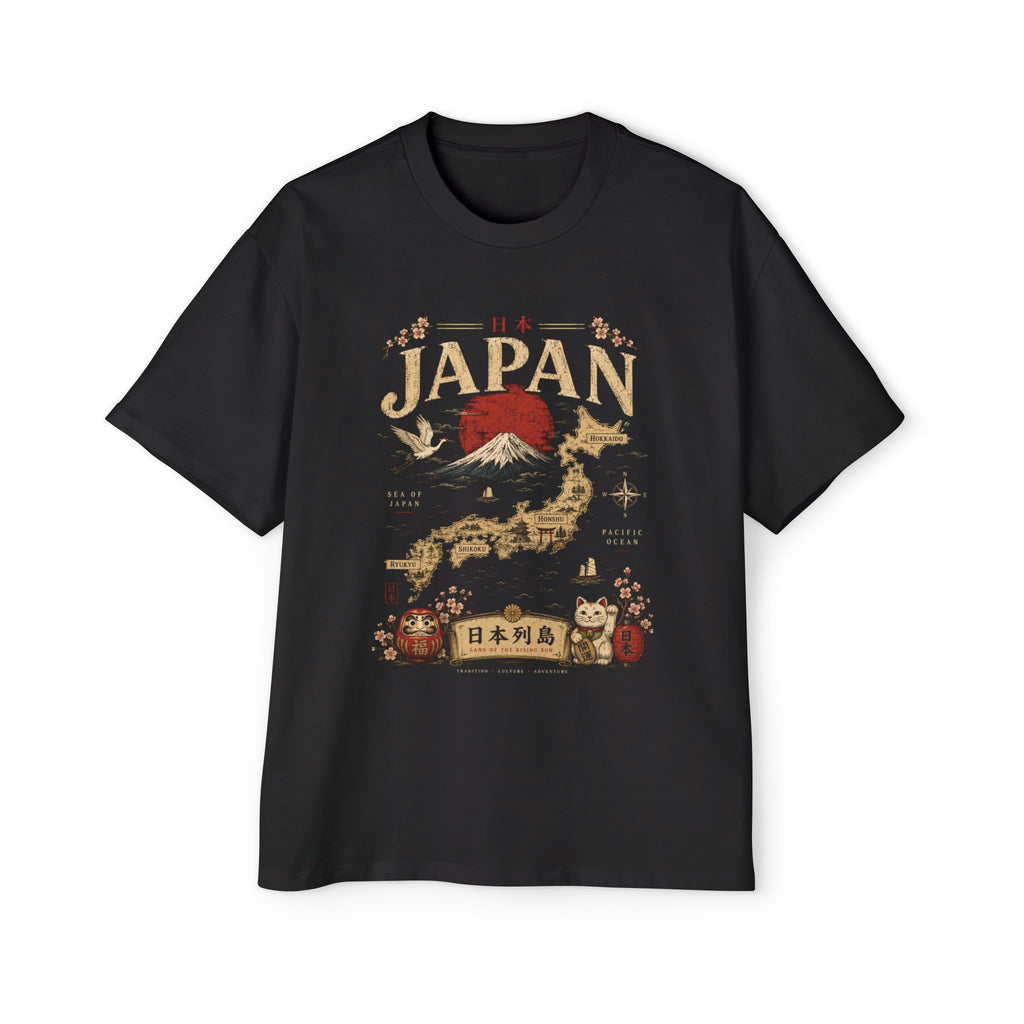 Japan Map Tee — Mount Fuji, Rising Sun & Lucky Cat Graphic T-Shirt