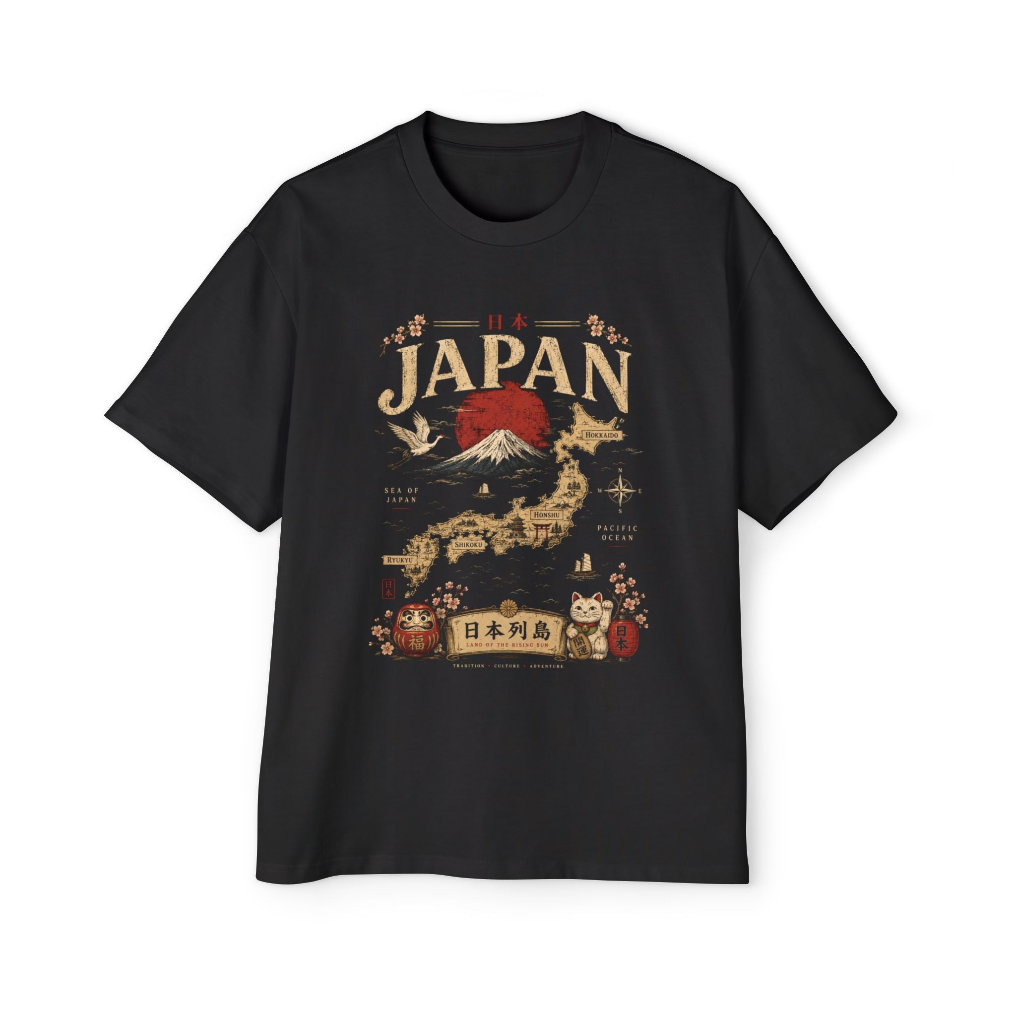 Japan Map Tee — Mount Fuji, Rising Sun & Lucky Cat Graphic T-Shirt