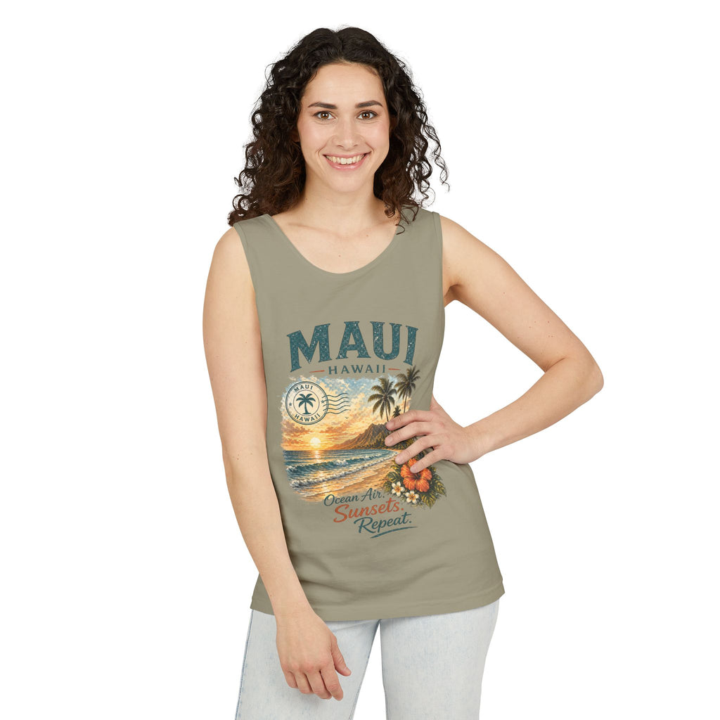 Maui Hawaii Tank Top — Ocean Air Sunsets Repeat Beach Graphic