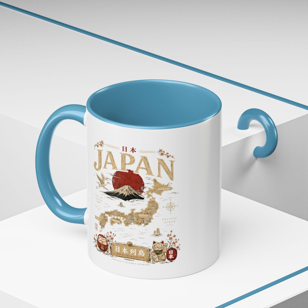 Japan Travel Map Coffee Mug — Mount Fuji Red Sun Accent Mug (11/15 oz)