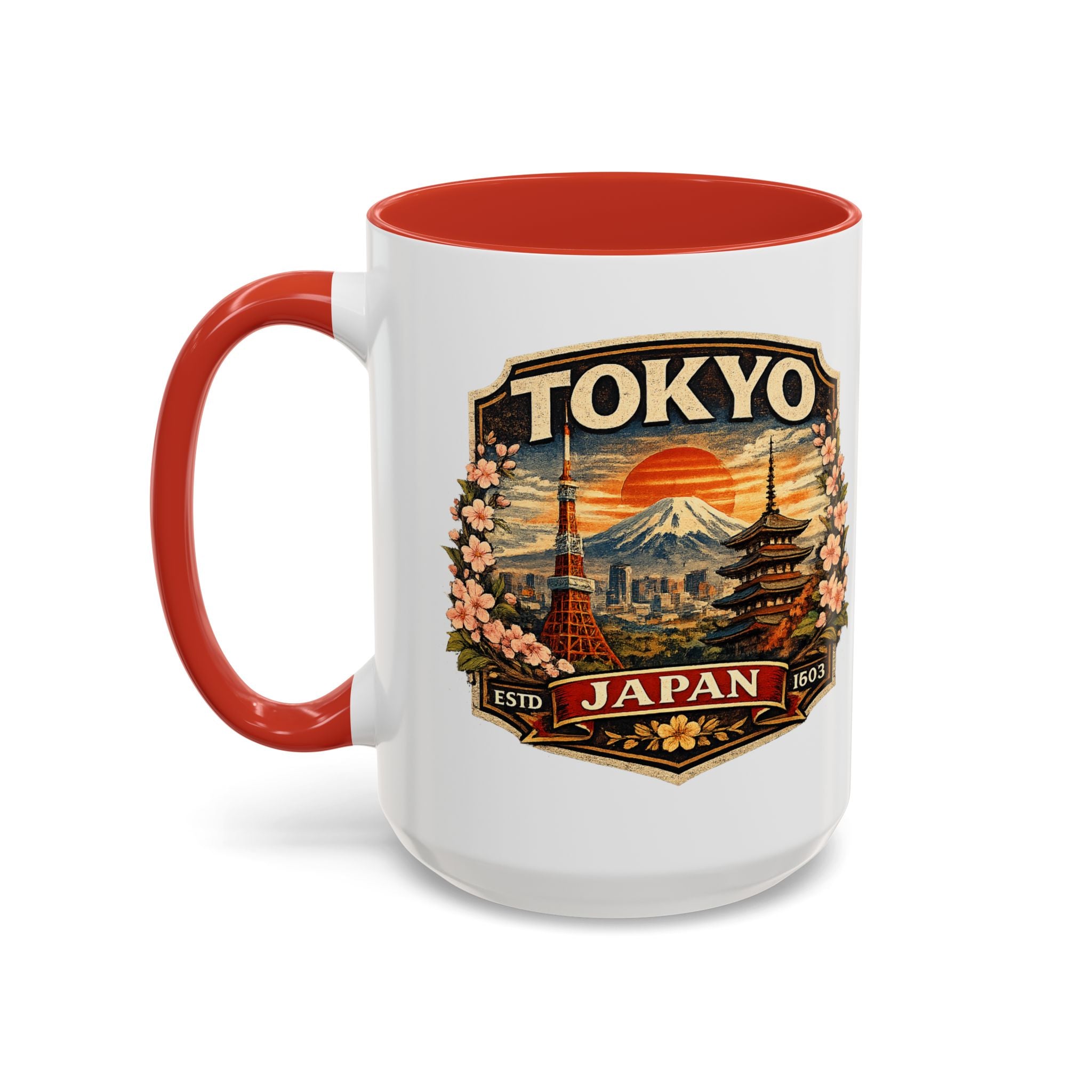 Tokyo Japan Accent Coffee Mug – Vintage Mount Fuji & Sakura Travel Souvenir (11/15oz)