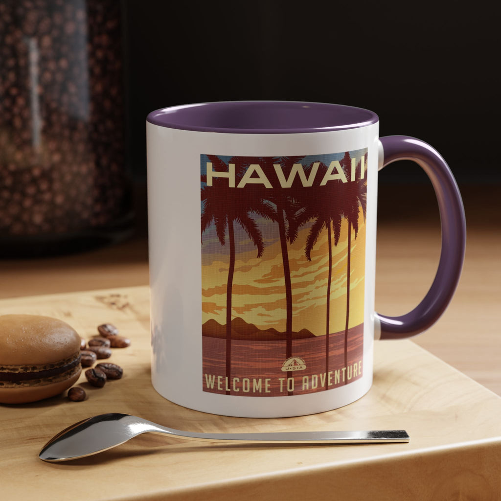 Hawaii Sunset Coffee Mug — "Welcome to Adventure" Tropical Travel Accent Mug