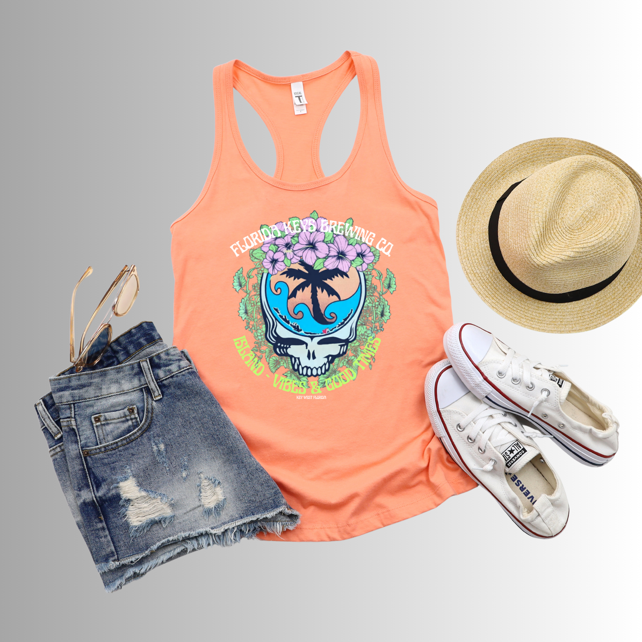 Island Vibes & Good Times Racerback Tank — Tropical Skull Graphic