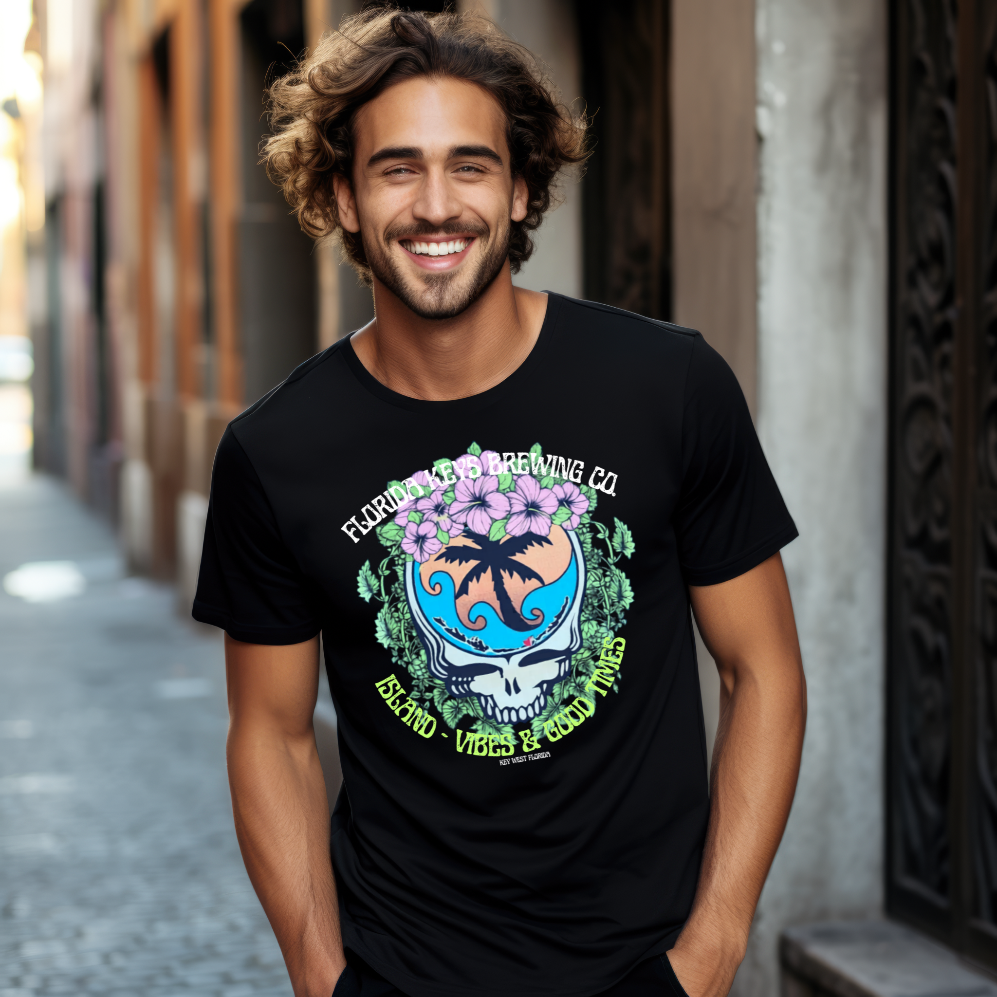 Island Vibes Skull T-Shirt — "Island Vibes & Good Times" Tropical Graphic Tee - Key West
